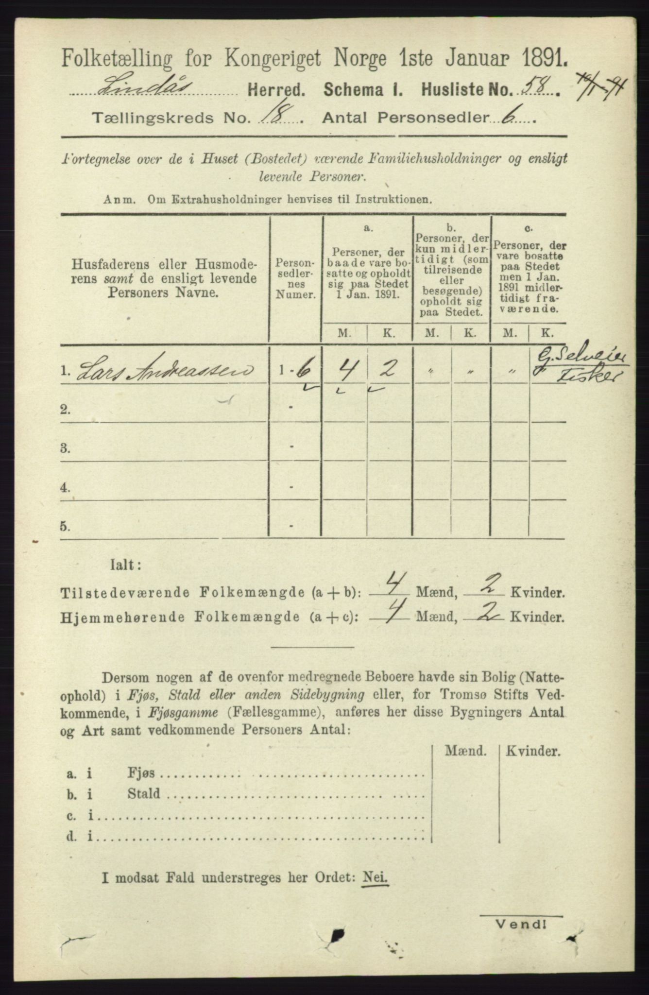 RA, 1891 census for 1263 Lindås, 1891, p. 6521