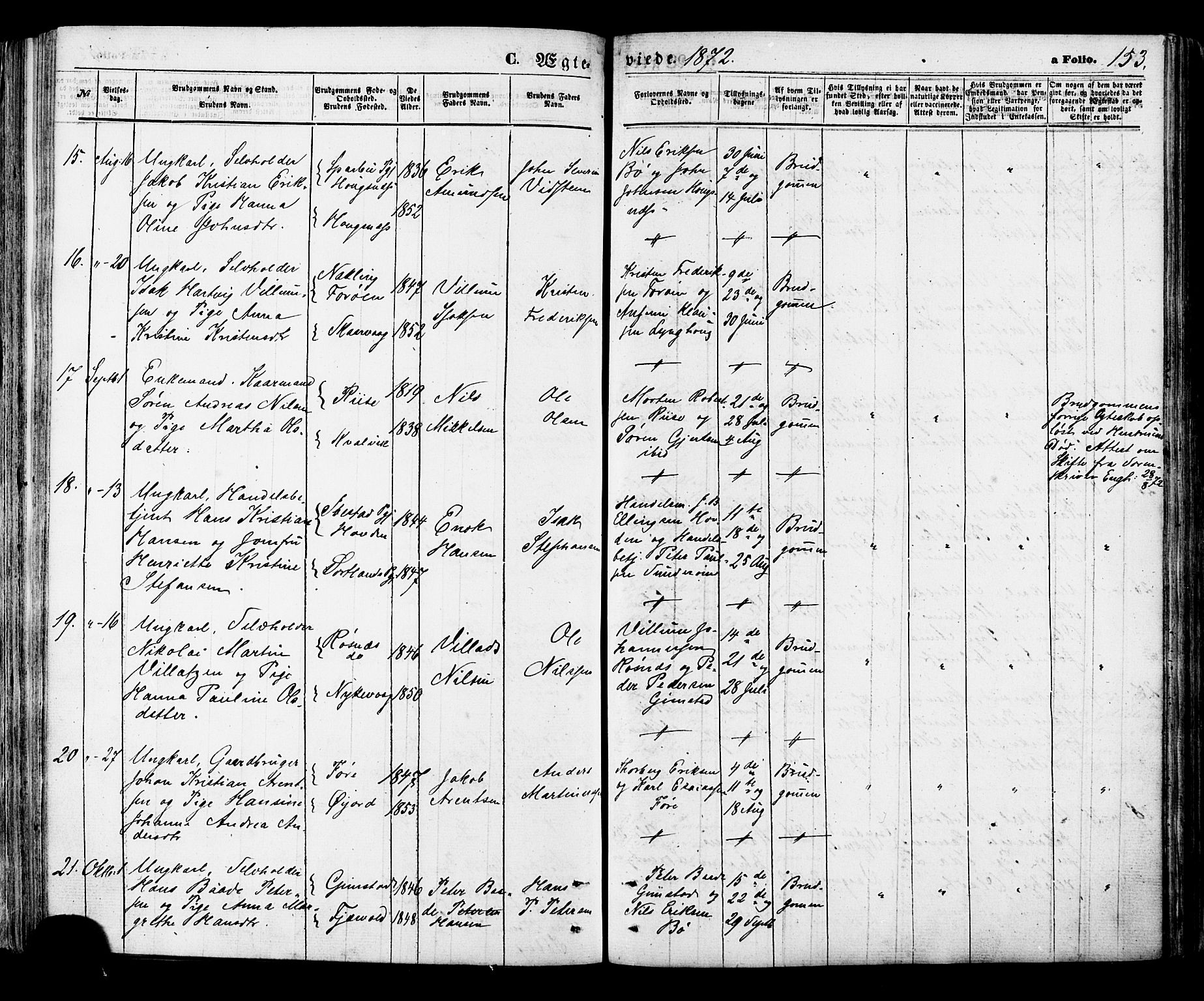 Ministerialprotokoller, klokkerbøker og fødselsregistre - Nordland, AV/SAT-A-1459/891/L1301: Parish register (official) no. 891A06, 1870-1878, p. 153