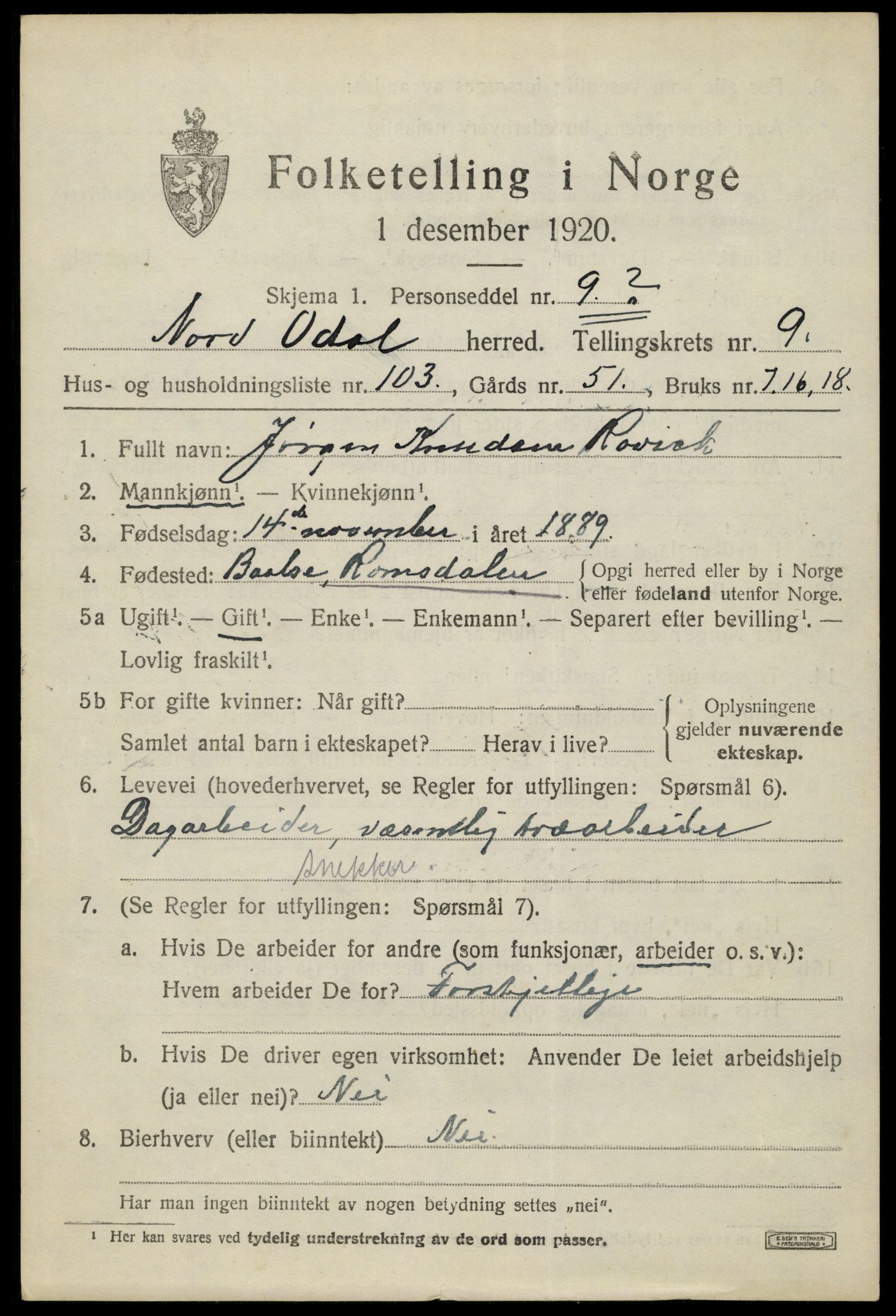 SAH, 1920 census for Nord-Odal, 1920, p. 10859