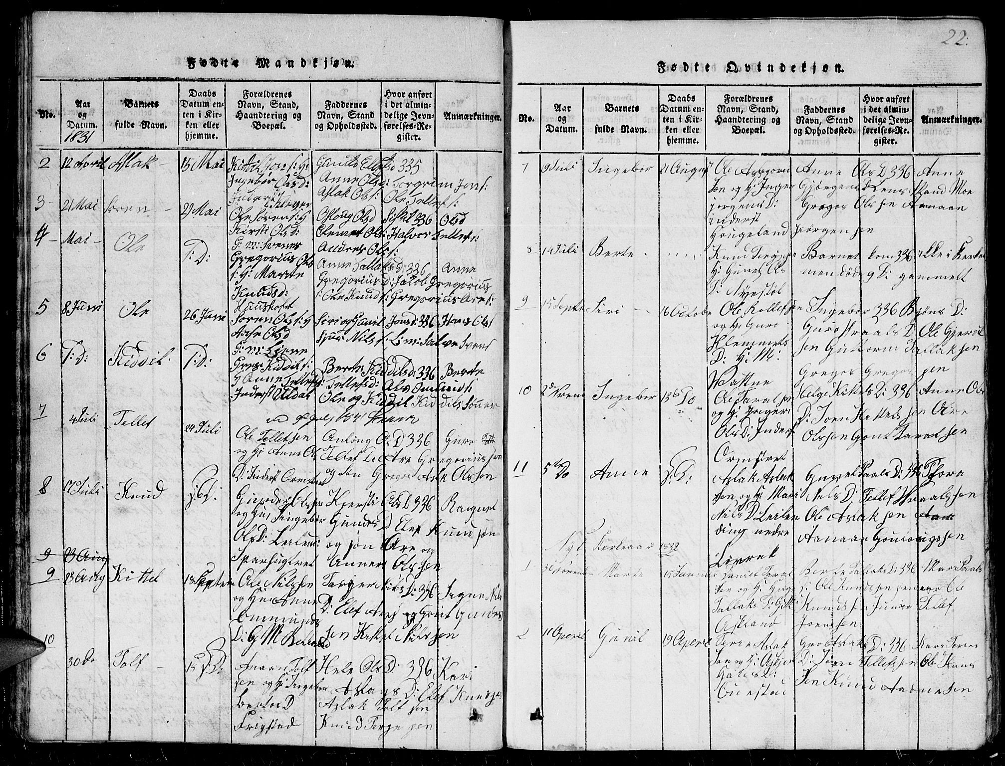 Herefoss sokneprestkontor, SAK/1111-0019/F/Fb/Fbc/L0001: Parish register (copy) no. B 1, 1816-1866, p. 22