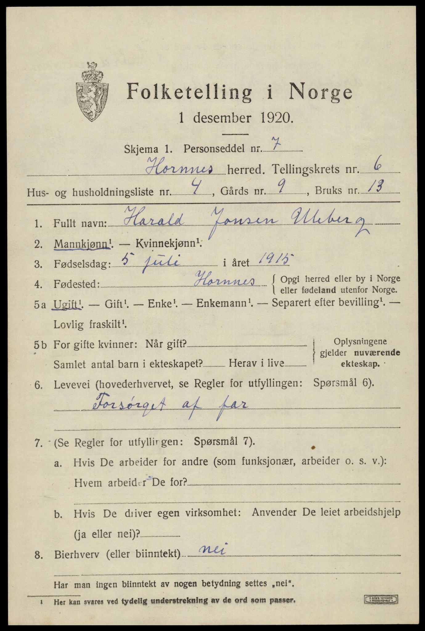 SAK, 1920 census for Hornnes, 1920, p. 1599