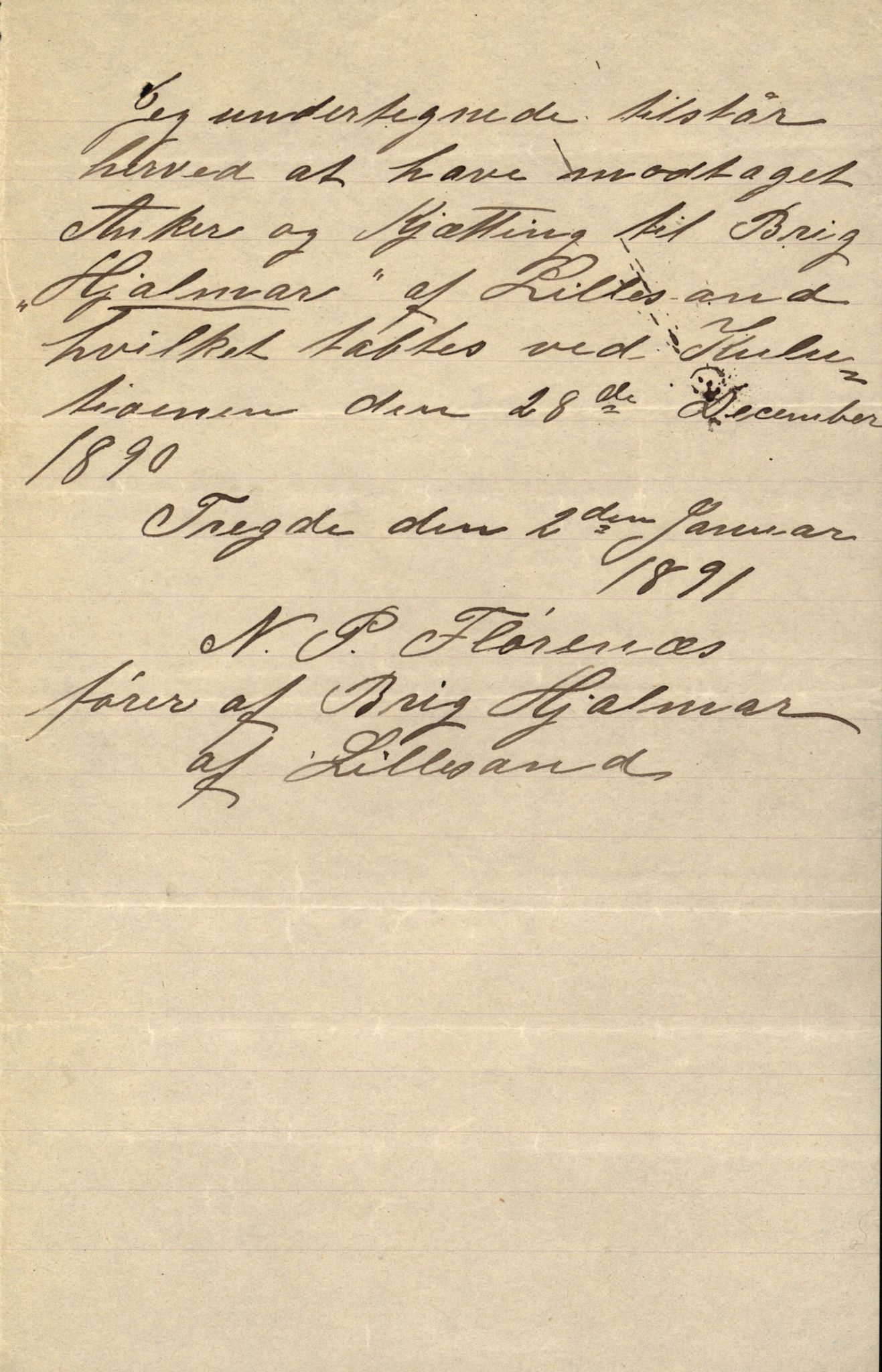 Pa 63 - Østlandske skibsassuranceforening, VEMU/A-1079/G/Ga/L0025/0005: Havaridokumenter / Jacbez, Brin, Eugenie, Lyna, Løvspring, Hurtig, 1890, p. 20