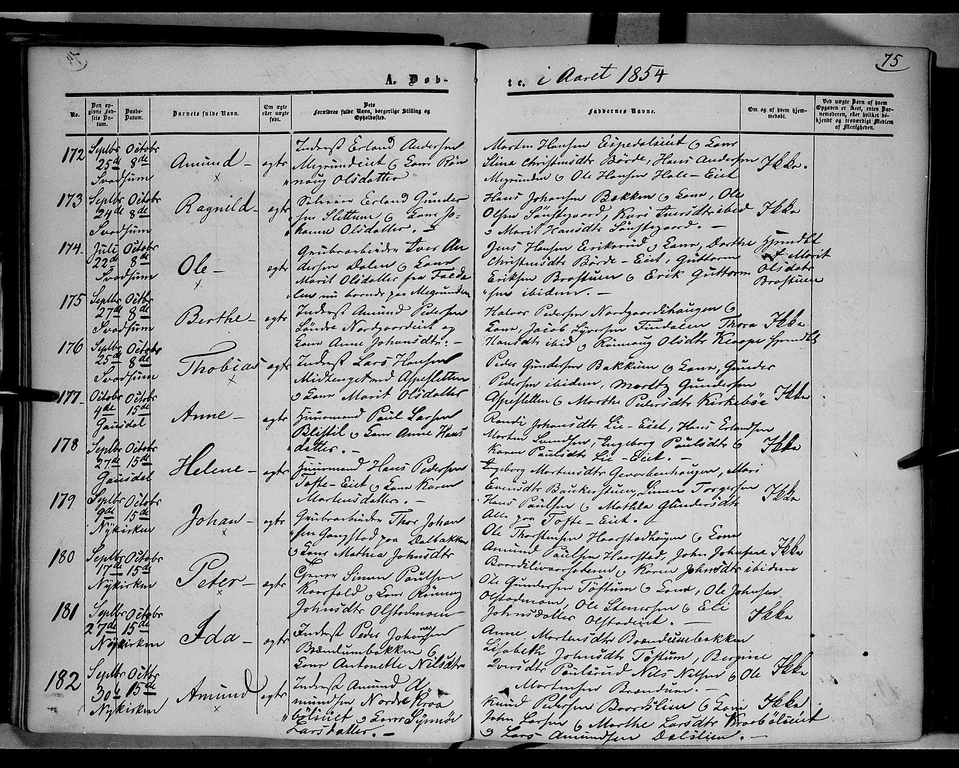 Gausdal prestekontor, SAH/PREST-090/H/Ha/Haa/L0008: Parish register (official) no. 8, 1850-1861, p. 75