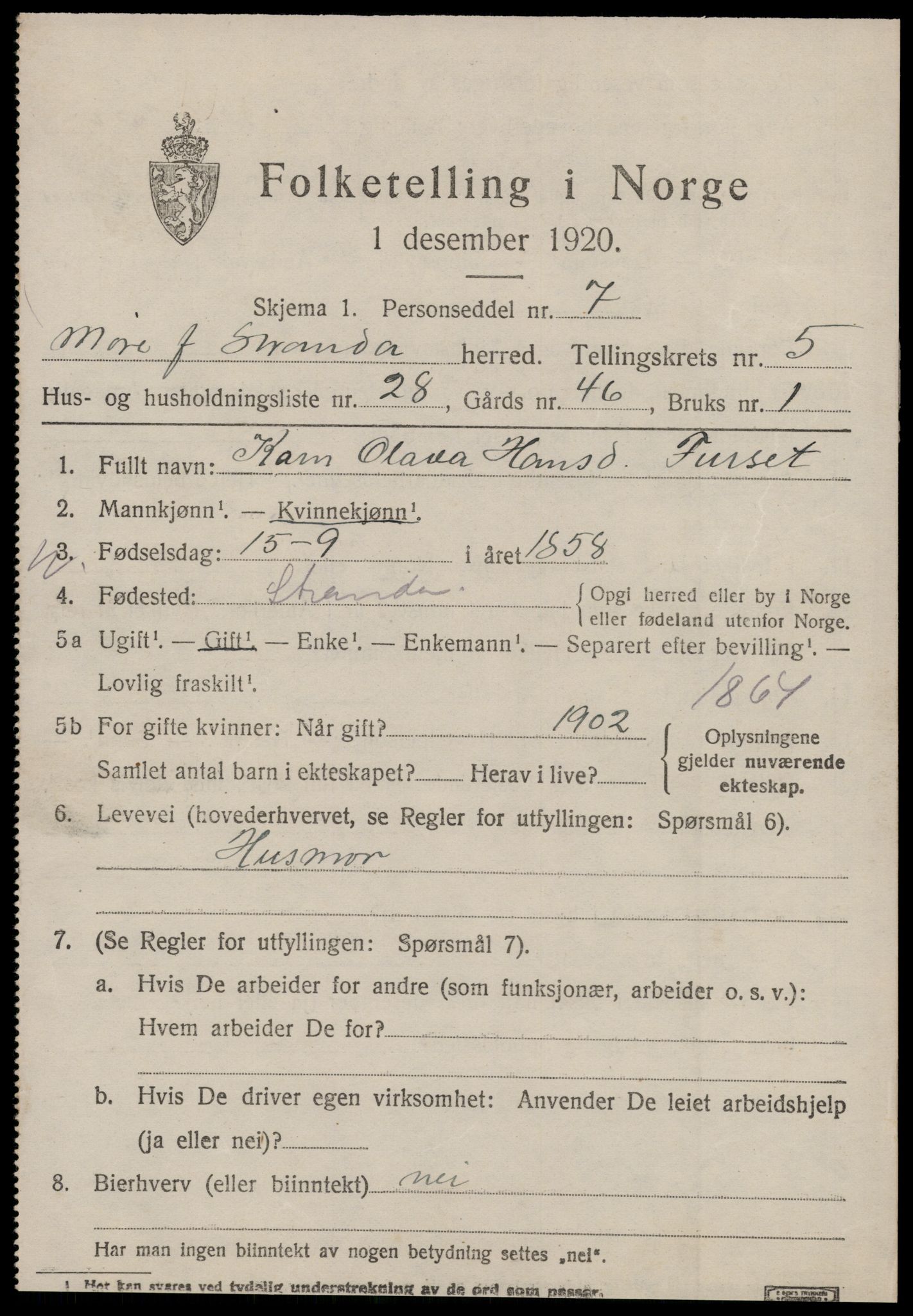 SAT, 1920 census for Stranda, 1920, p. 3569