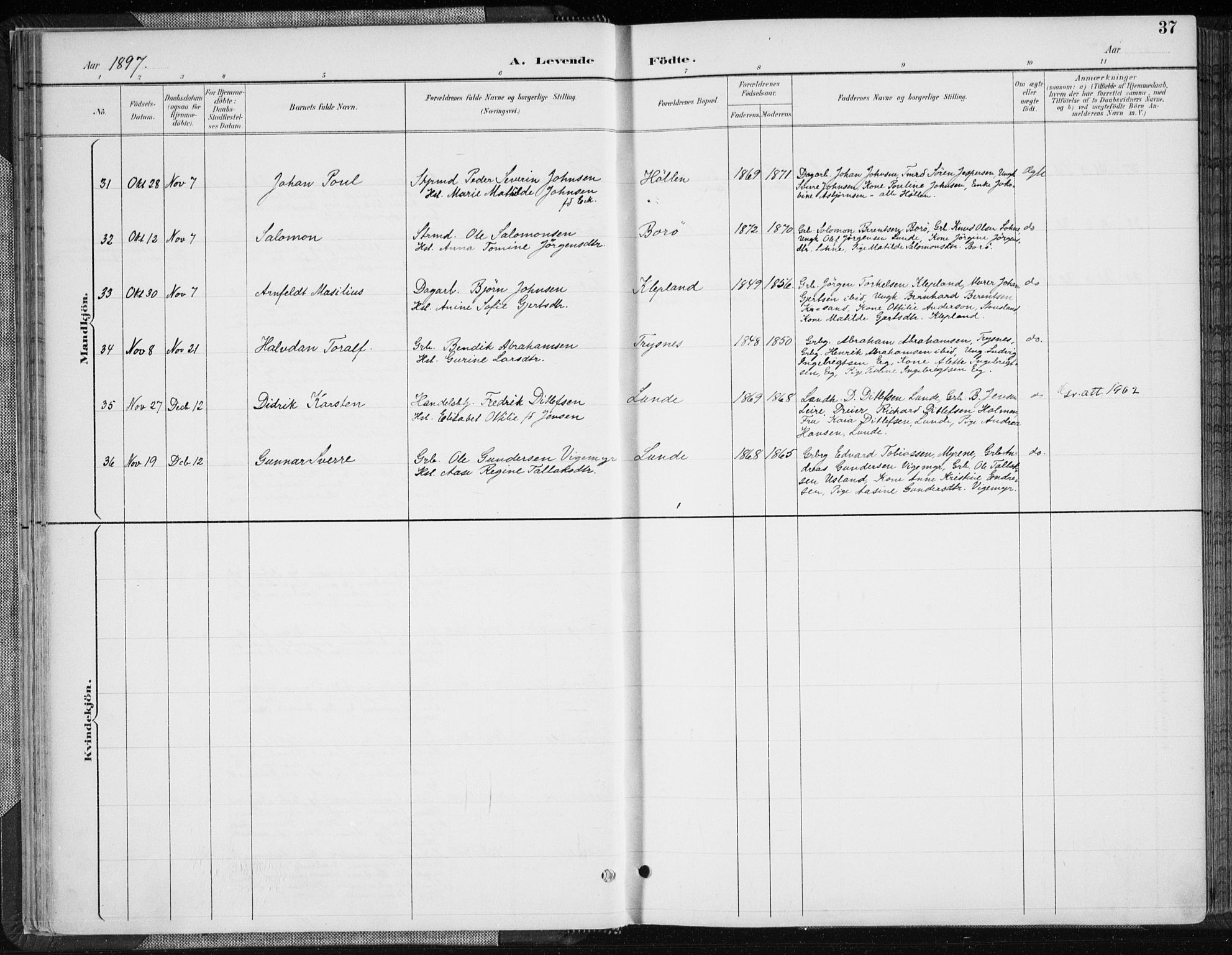 Søgne sokneprestkontor, AV/SAK-1111-0037/F/Fa/Fab/L0013: Parish register (official) no. A 13, 1892-1911, p. 37