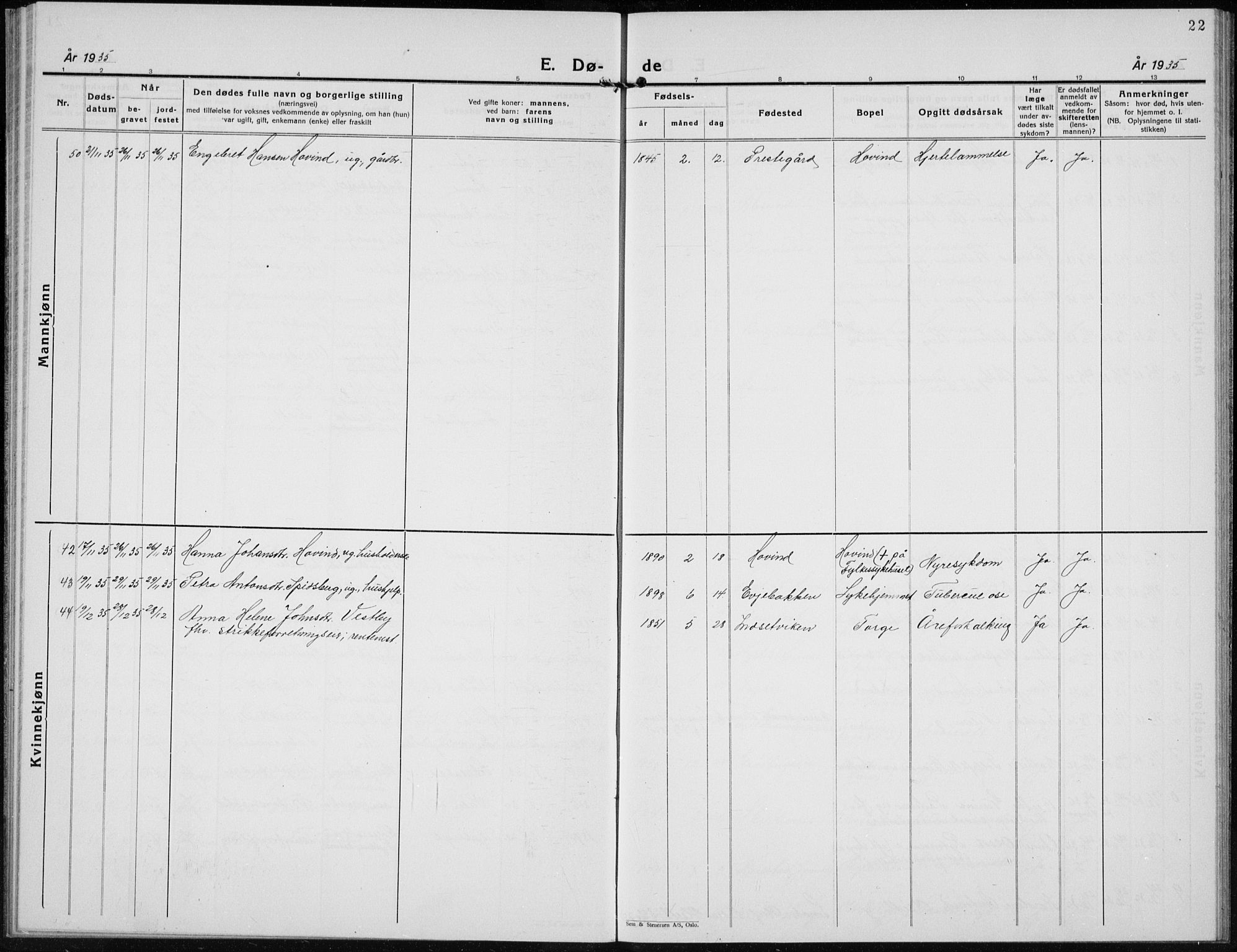 Elverum prestekontor, SAH/PREST-044/H/Ha/Hab/L0017: Parish register (copy) no. 17, 1932-1941, p. 22