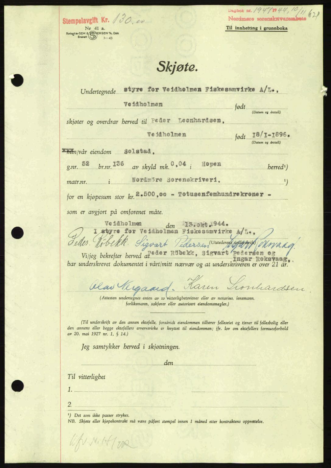 Nordmøre sorenskriveri, AV/SAT-A-4132/1/2/2Ca: Mortgage book no. A98, 1944-1944, Diary no: : 1947/1944