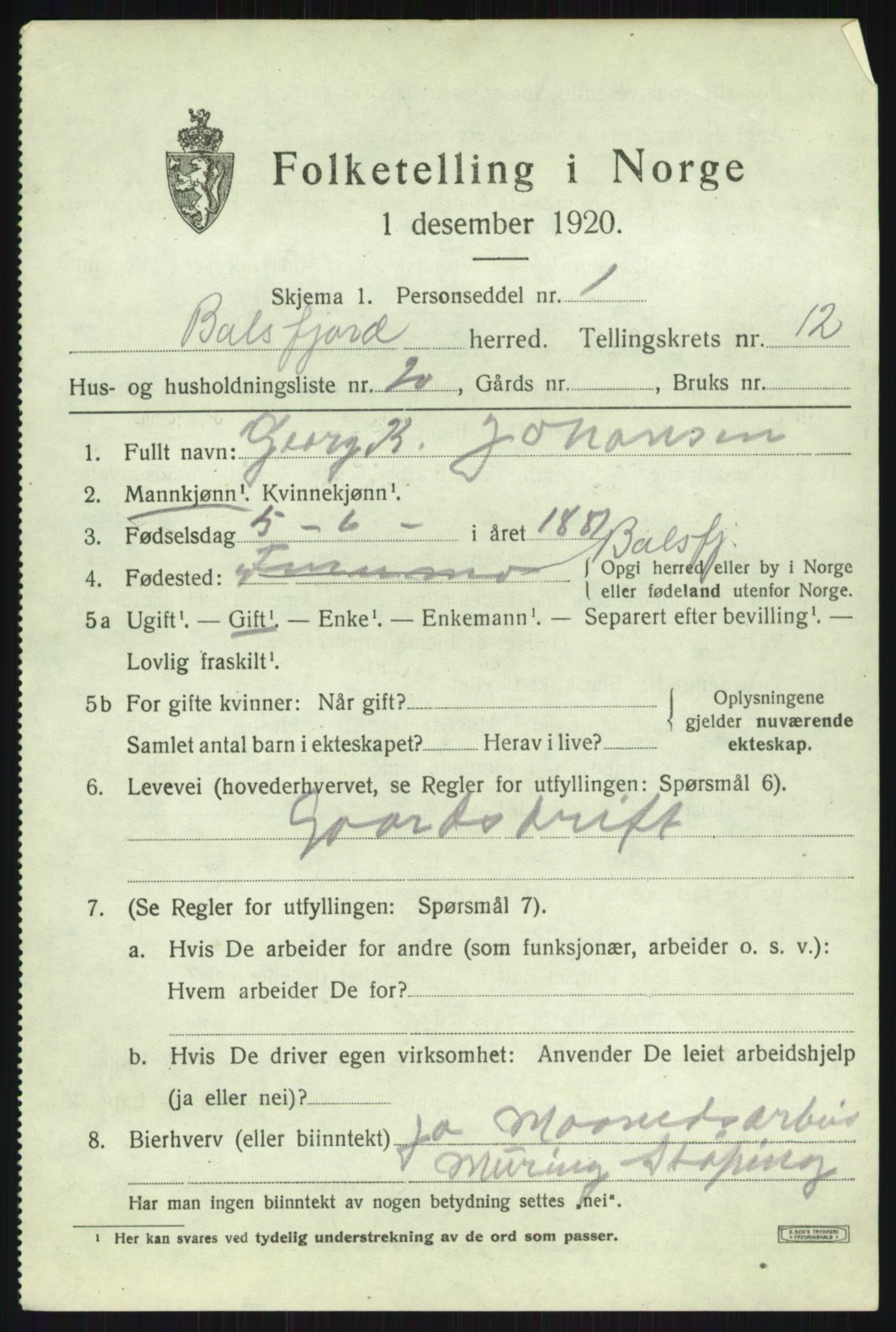 SATØ, 1920 census for Balsfjord, 1920, p. 7483