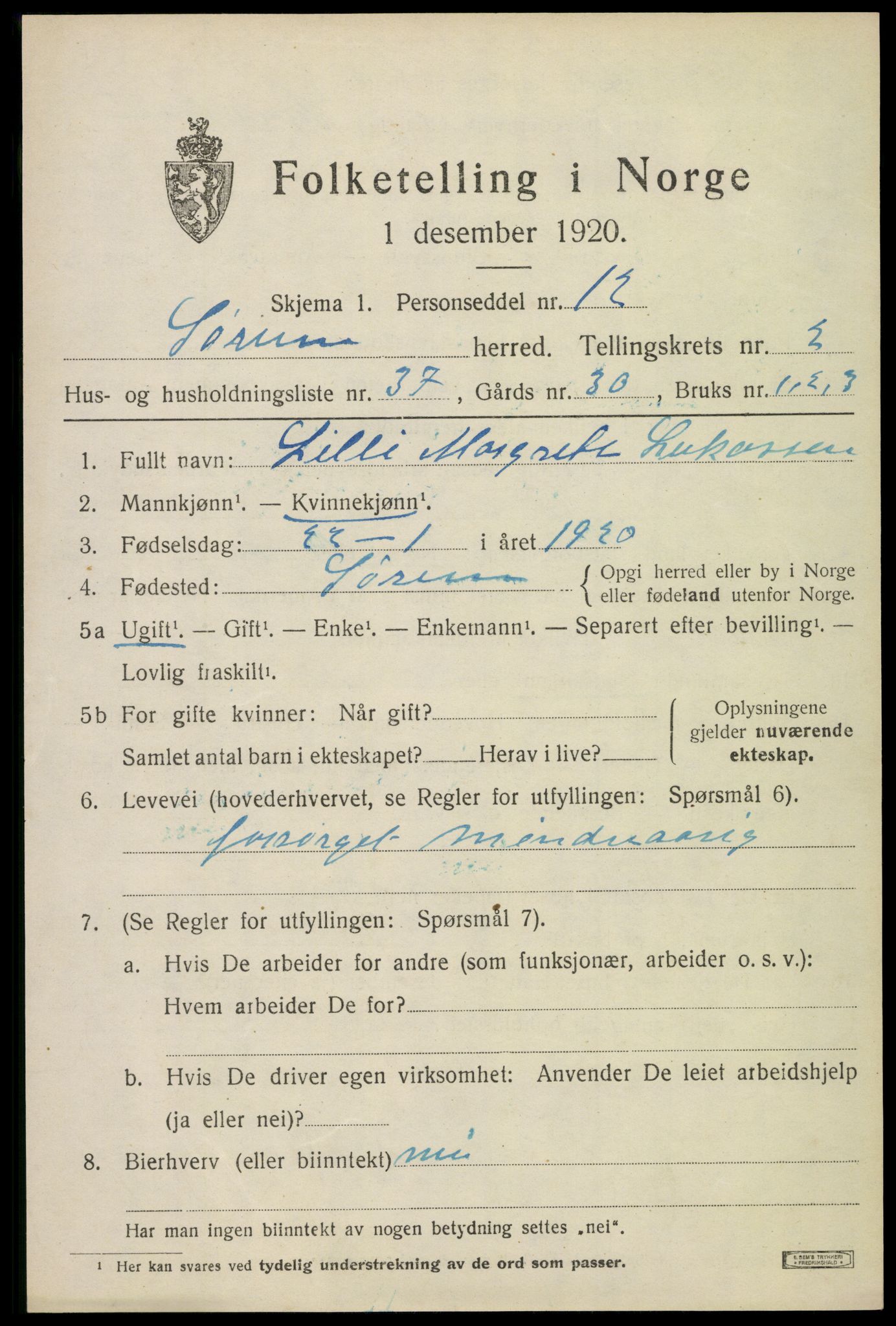 SAO, 1920 census for Sørum, 1920, p. 2191