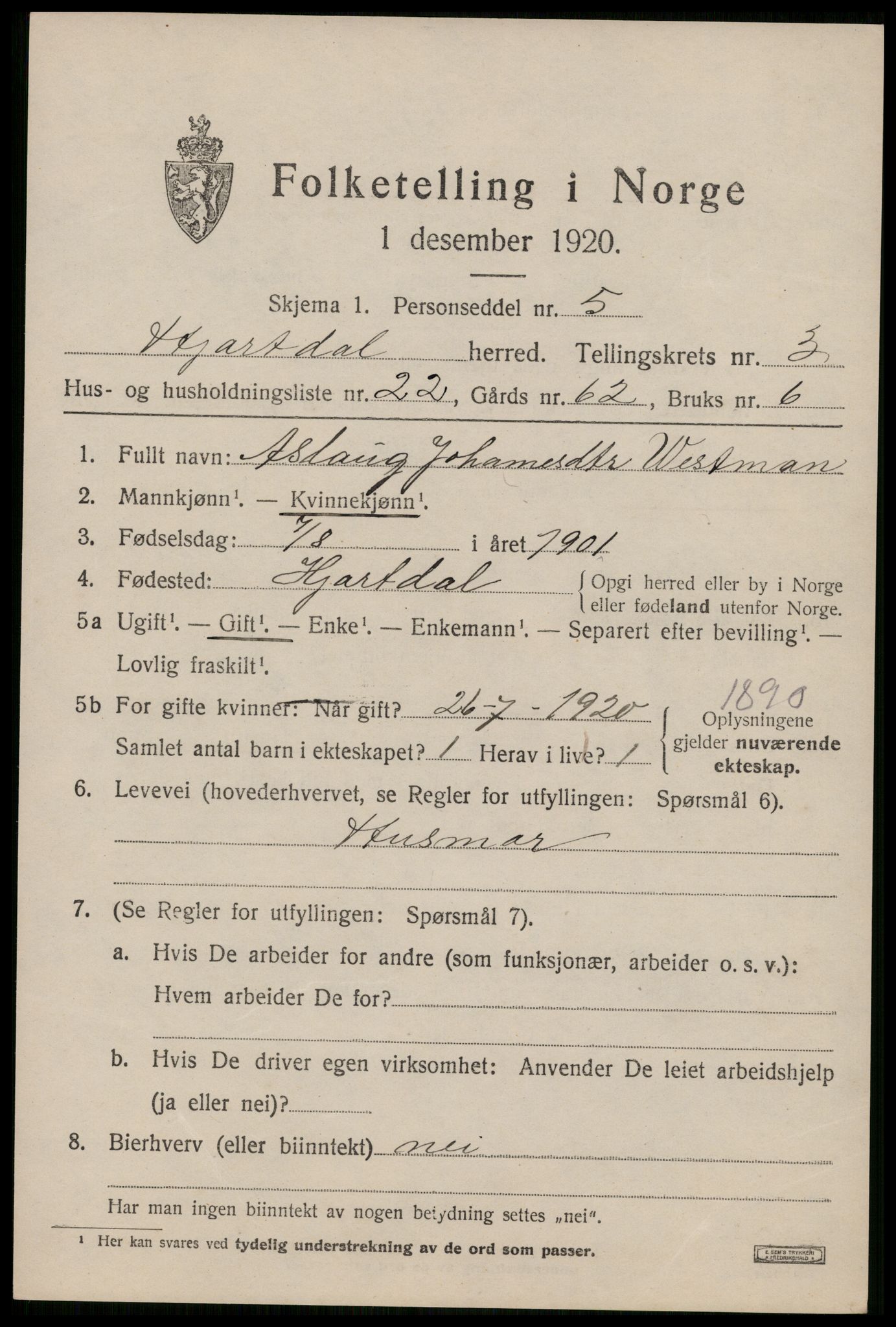 SAKO, 1920 census for Hjartdal, 1920, p. 2722