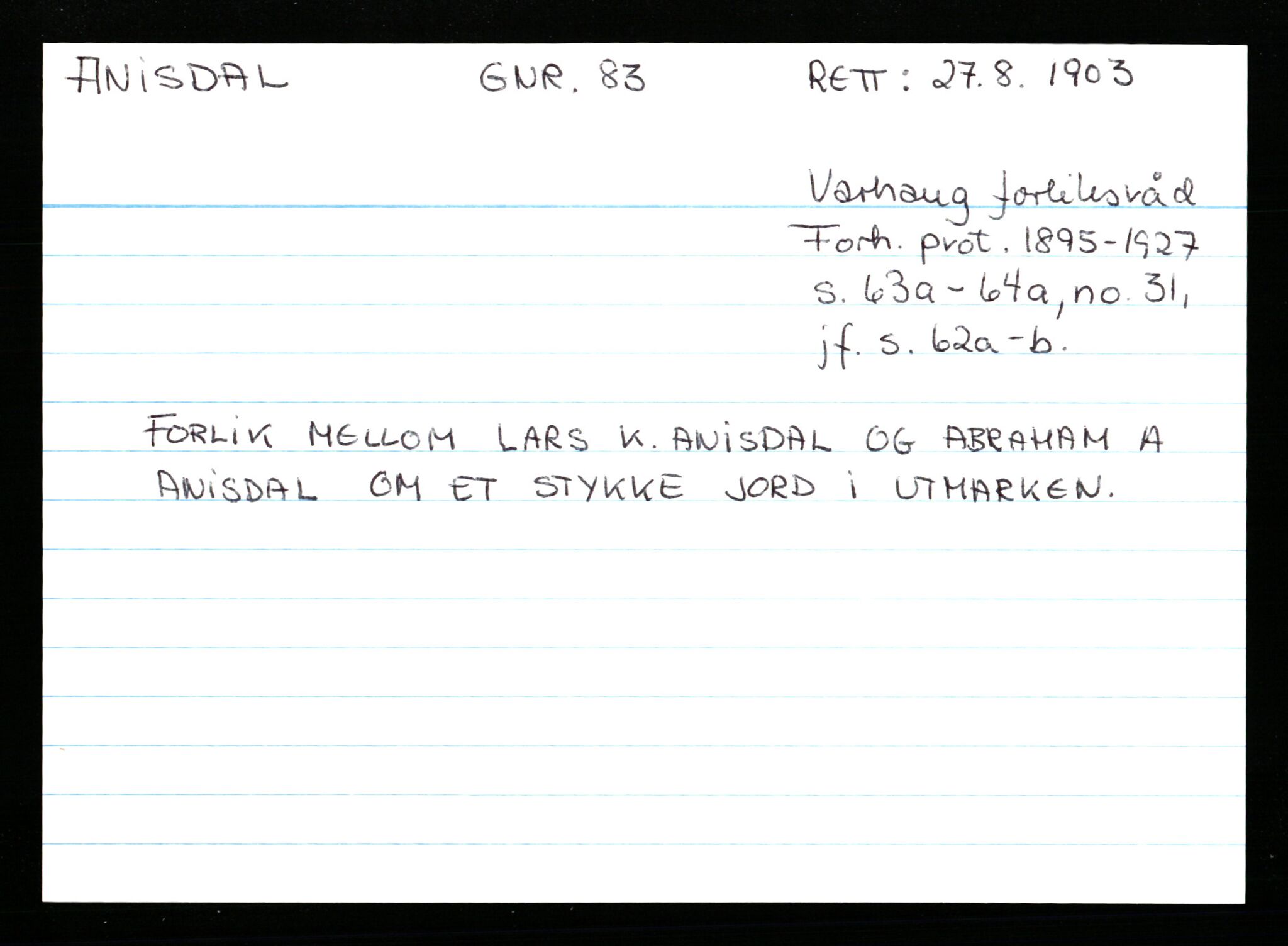 Statsarkivet i Stavanger, AV/SAST-A-101971/03/Y/Ym/L0001: Åstedskort sortert etter gårdsnavn: Abeland - Arnøen store, 1600-1950, p. 591