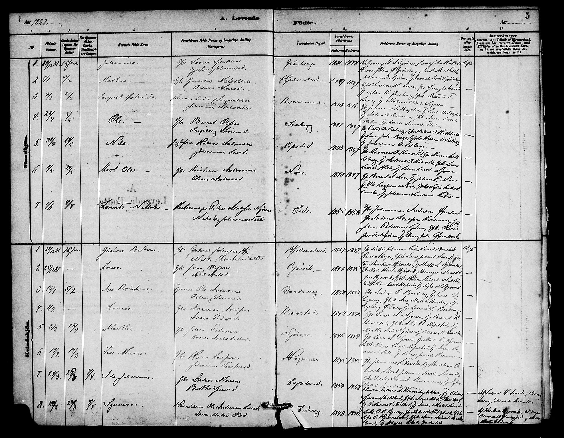 Gaular sokneprestembete, SAB/A-80001/H/Haa: Parish register (official) no. C 1, 1882-1897, p. 5