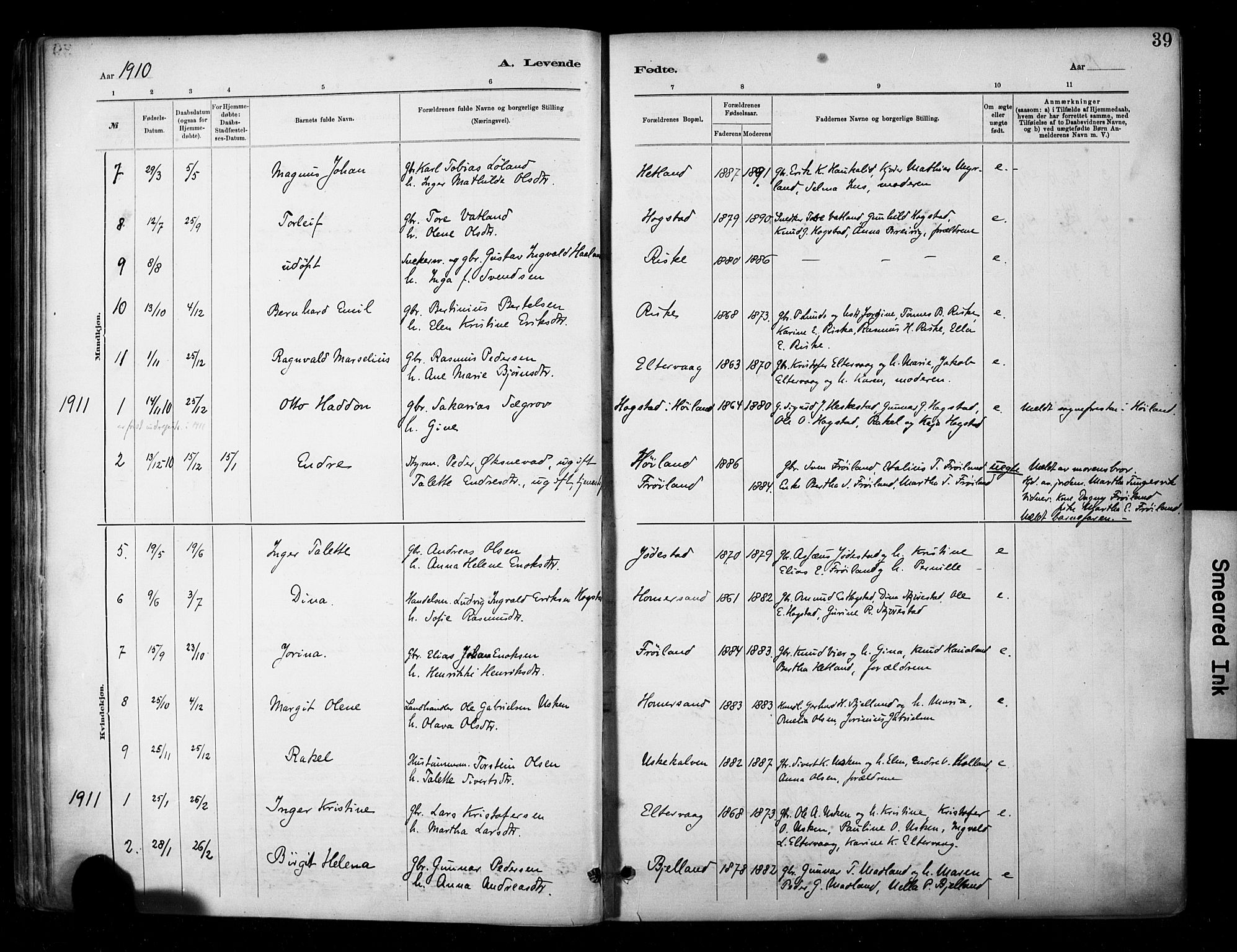 Hetland sokneprestkontor, AV/SAST-A-101826/30/30BA/L0010: Parish register (official) no. A 10, 1882-1925, p. 39