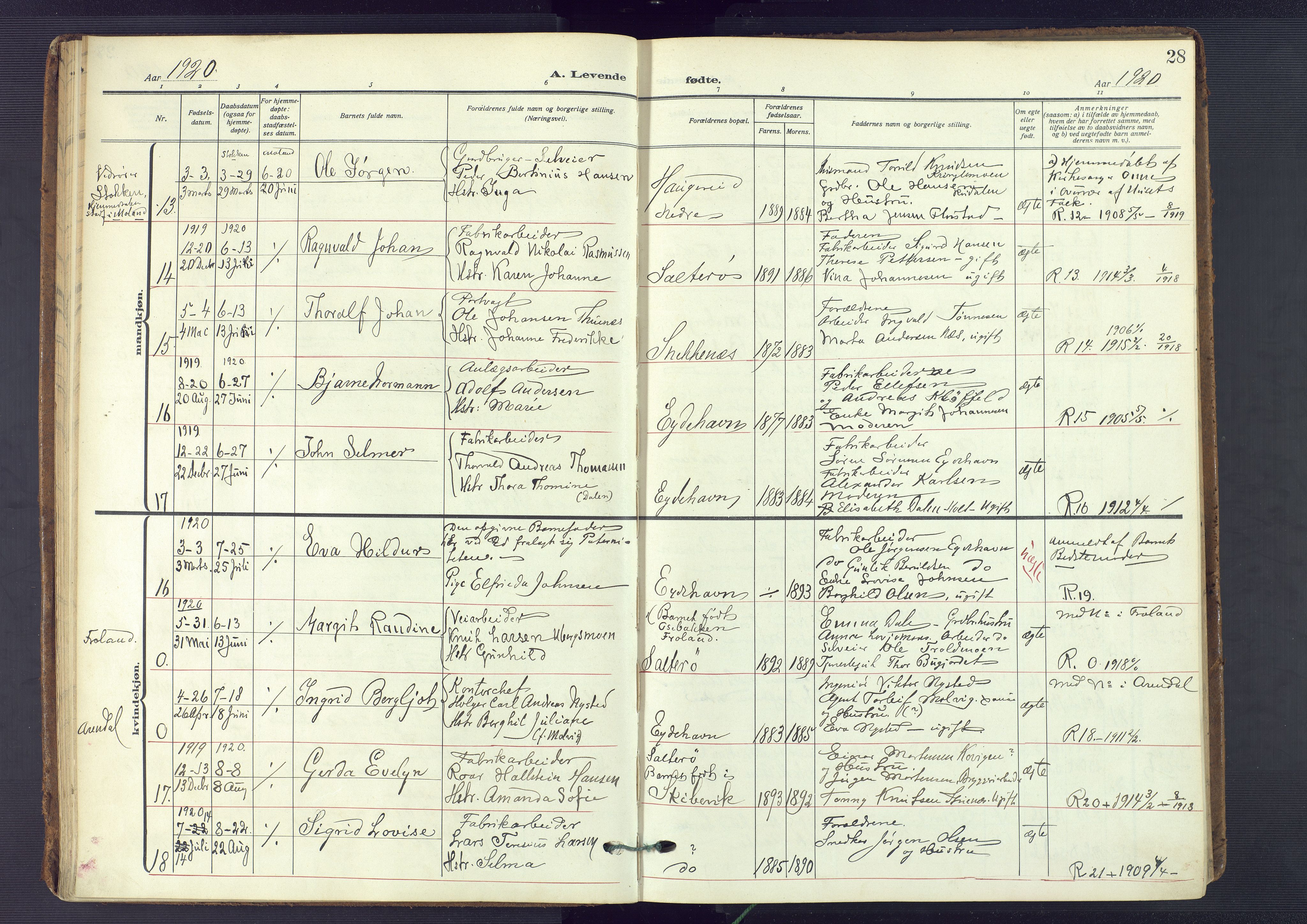 Austre Moland sokneprestkontor, AV/SAK-1111-0001/F/Fa/Fab/L0003: Parish register (official) no. A 3, 1914-1927, p. 28