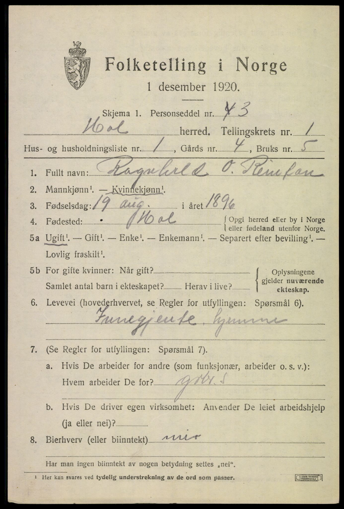 SAKO, 1920 census for Hol (Buskerud), 1920, p. 851