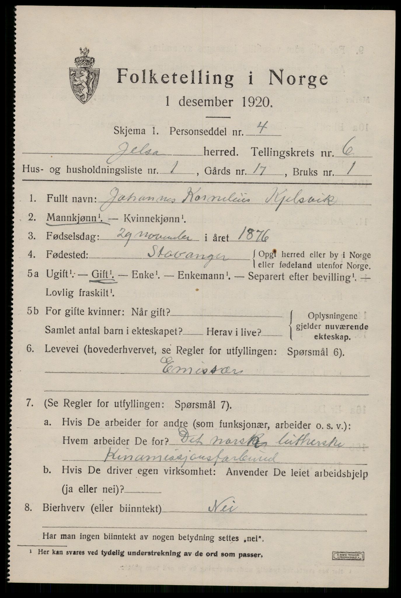 SAST, 1920 census for Jelsa, 1920, p. 1658