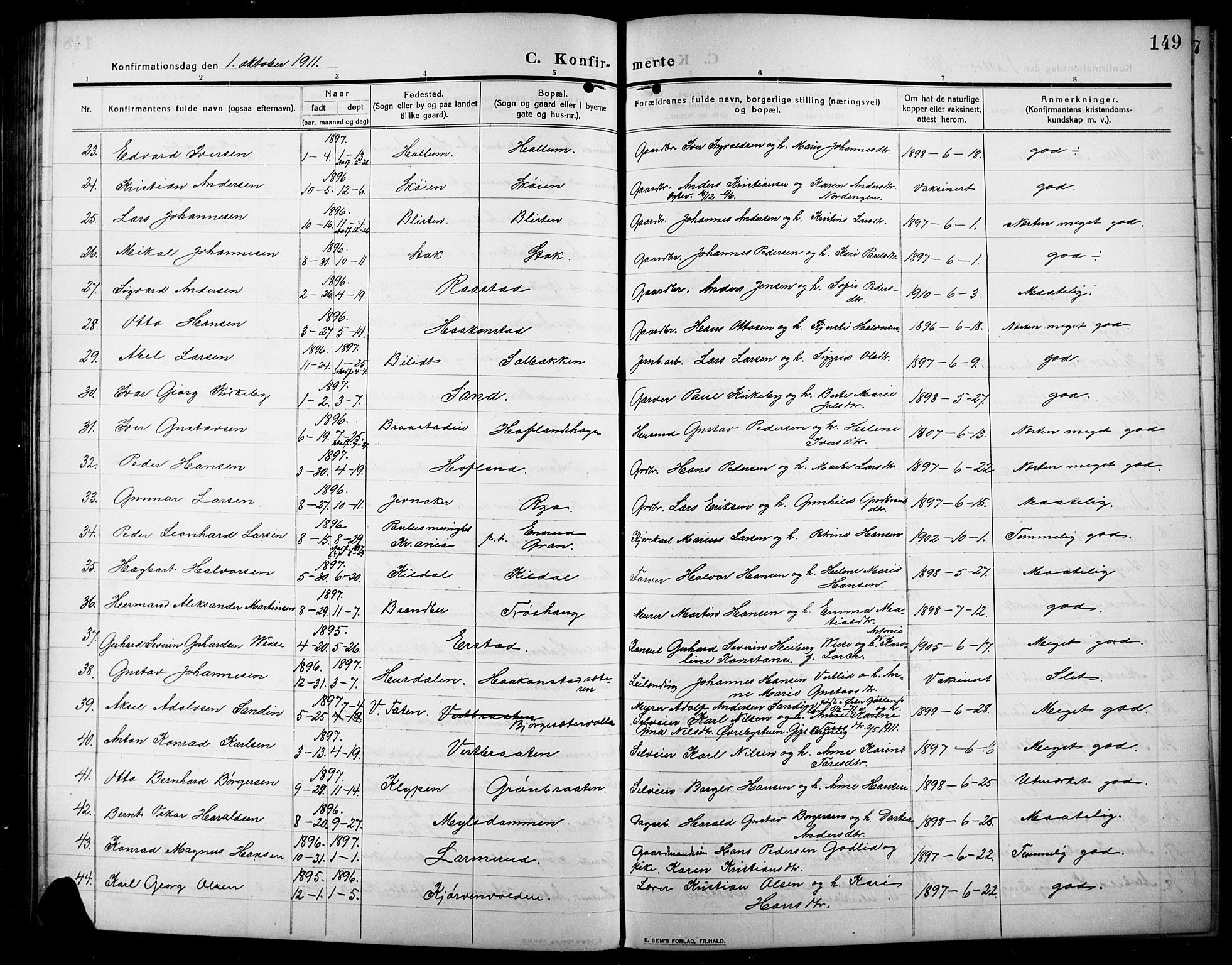 Lunner prestekontor, SAH/PREST-118/H/Ha/Hab/L0001: Parish register (copy) no. 1, 1909-1922, p. 149