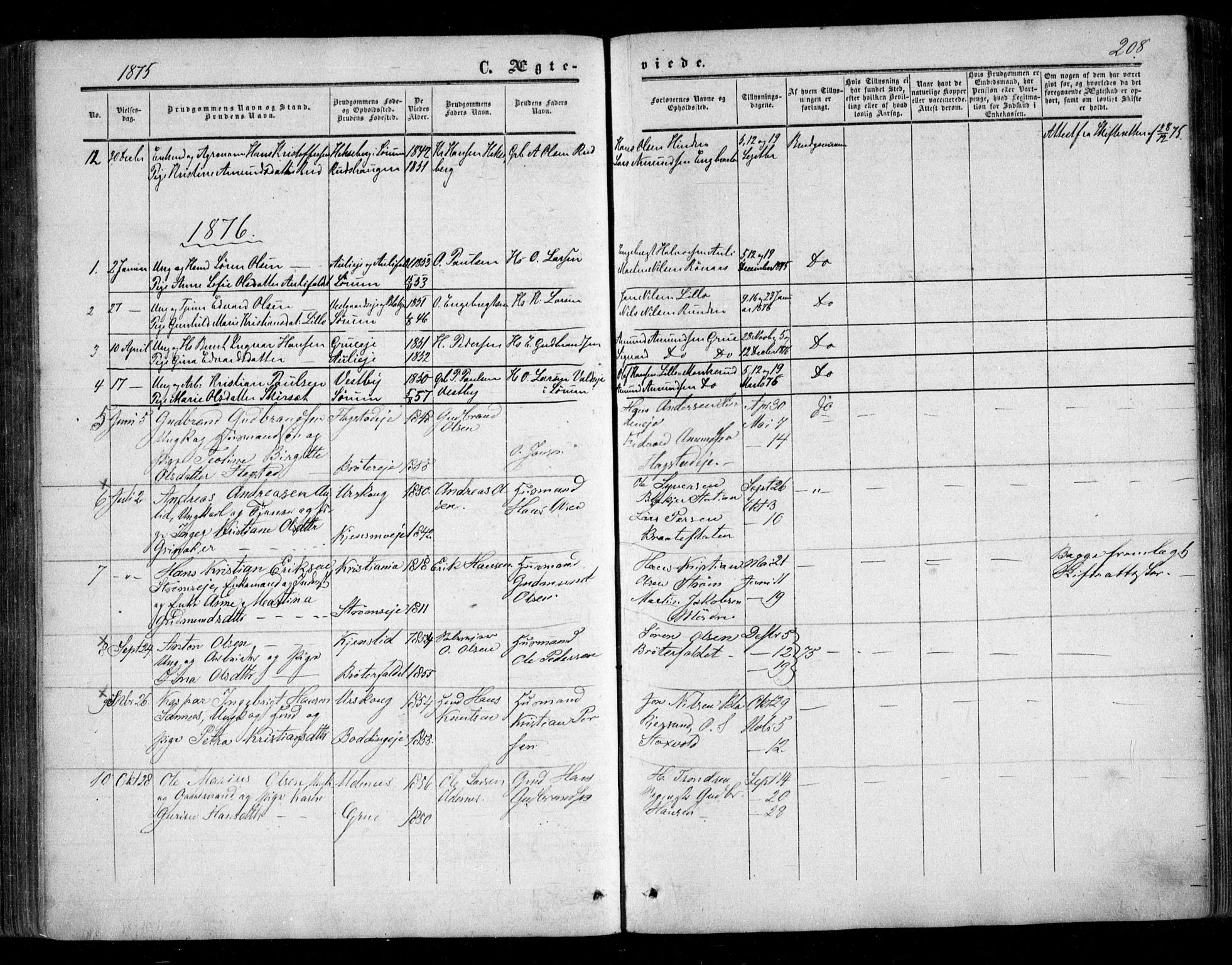 Nes prestekontor Kirkebøker, AV/SAO-A-10410/F/Fc/L0001: Parish register (official) no. III 1, 1859-1882, p. 208