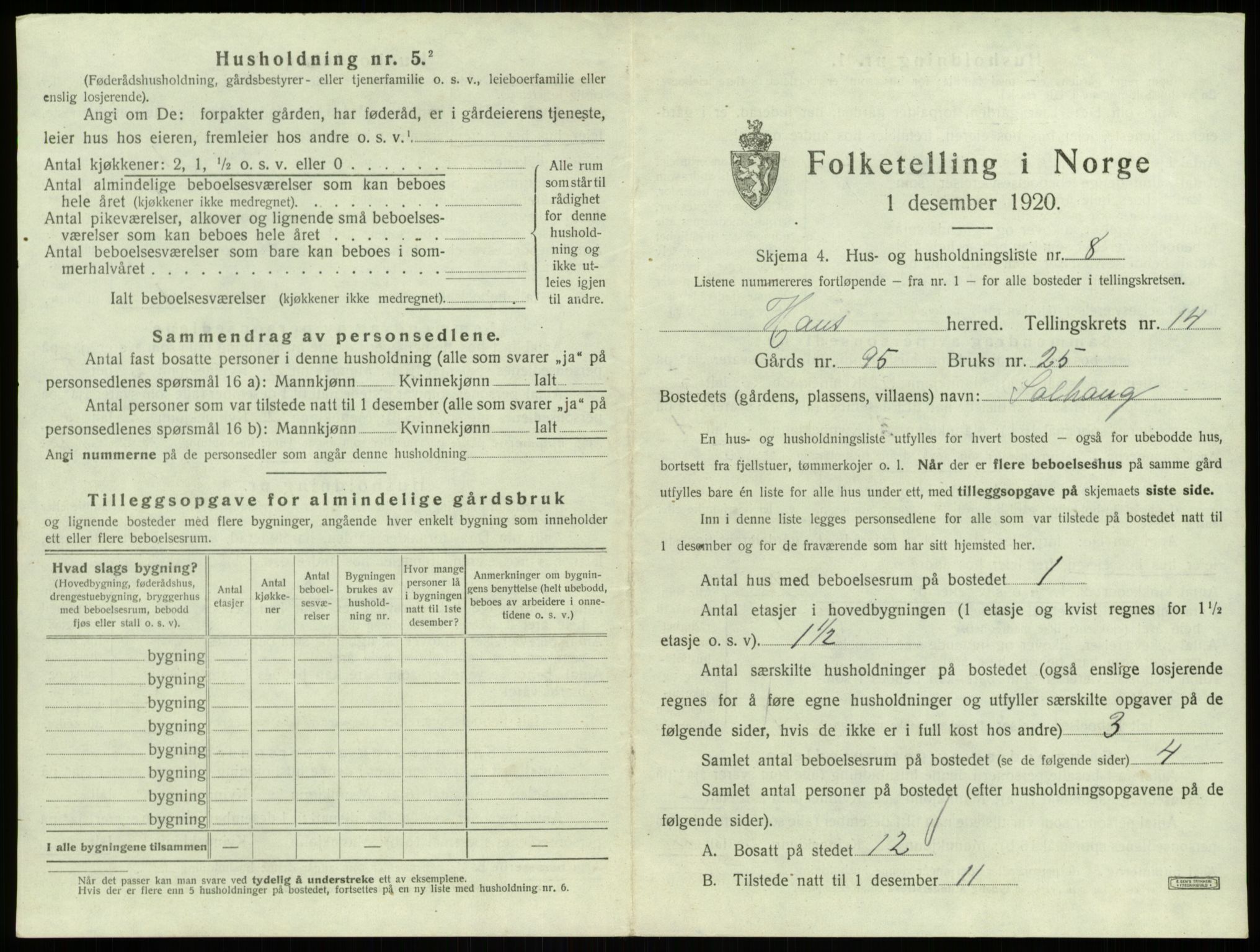 SAB, 1920 census for Haus, 1920, p. 1150