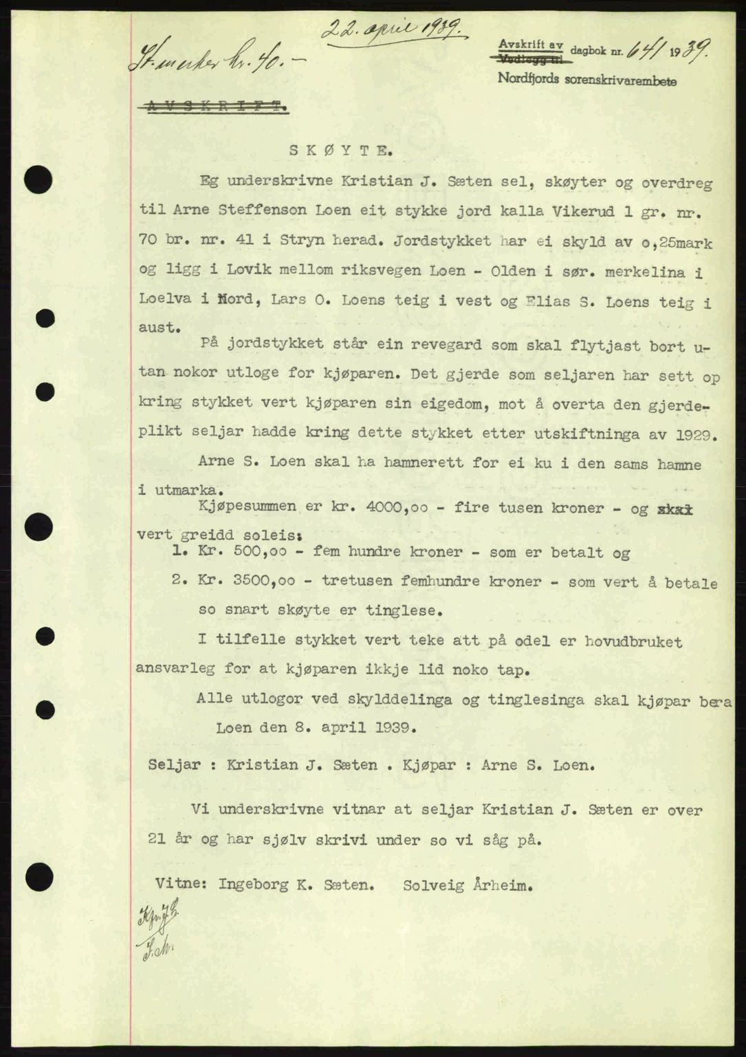 Nordfjord sorenskriveri, SAB/A-2801/02/02b/02bj/L0004: Mortgage book no. A4, 1938-1939, Diary no: : 641/1939