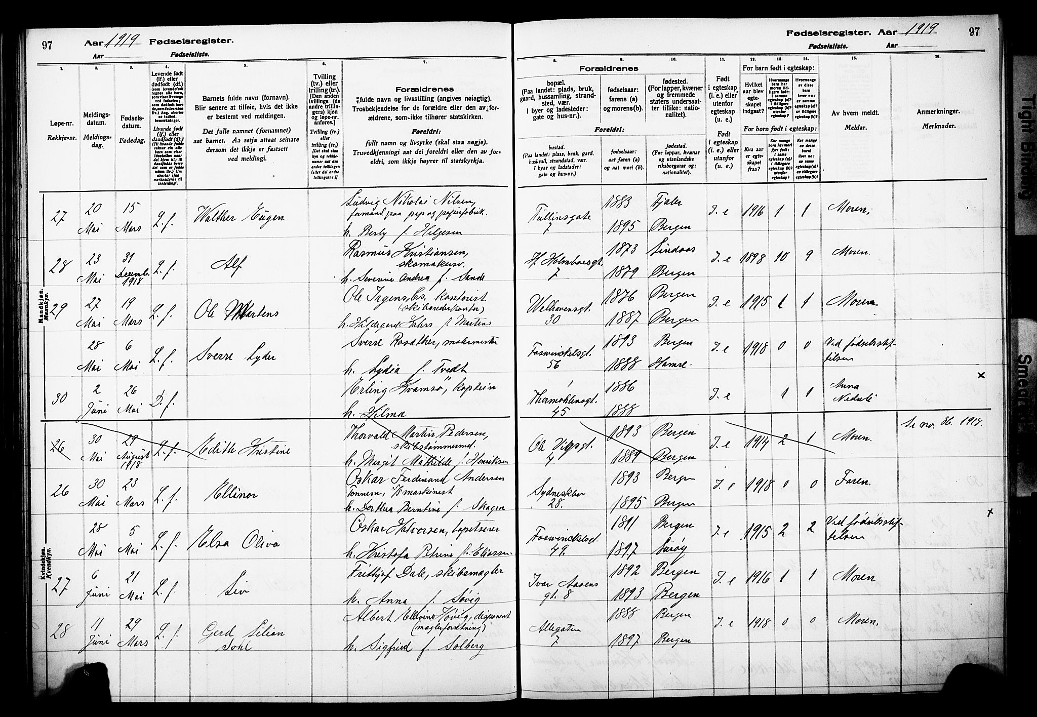 Johanneskirken sokneprestembete, AV/SAB-A-76001/I/Id/L00A1: Birth register no. A 1, 1916-1924, p. 97