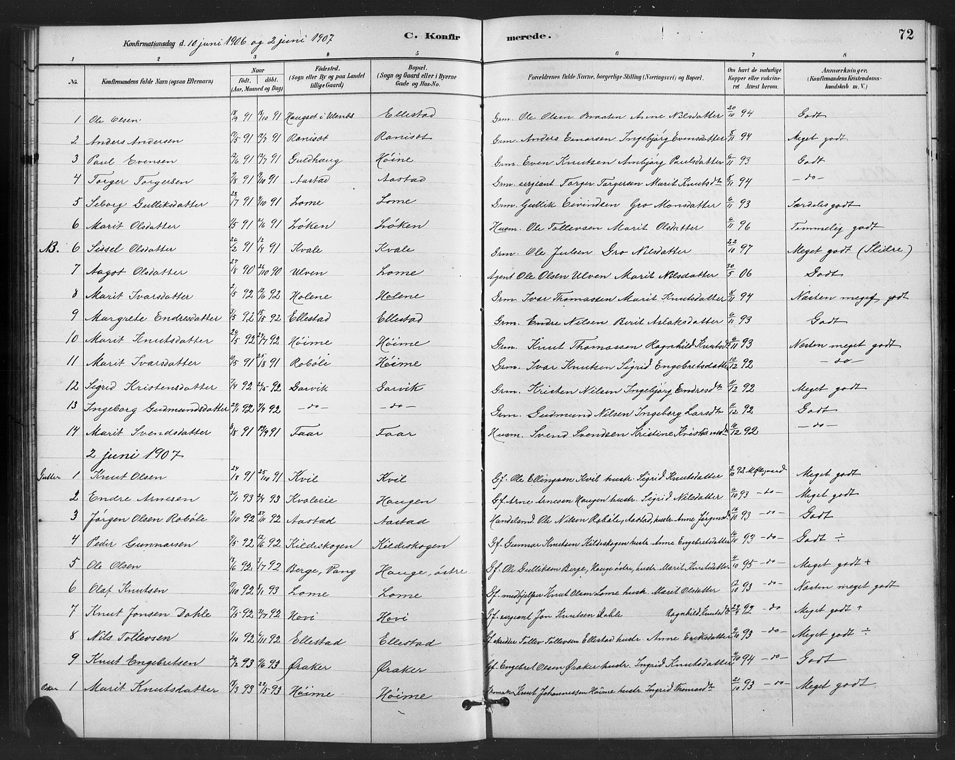 Vestre Slidre prestekontor, SAH/PREST-136/H/Ha/Hab/L0006: Parish register (copy) no. 6, 1881-1915, p. 72