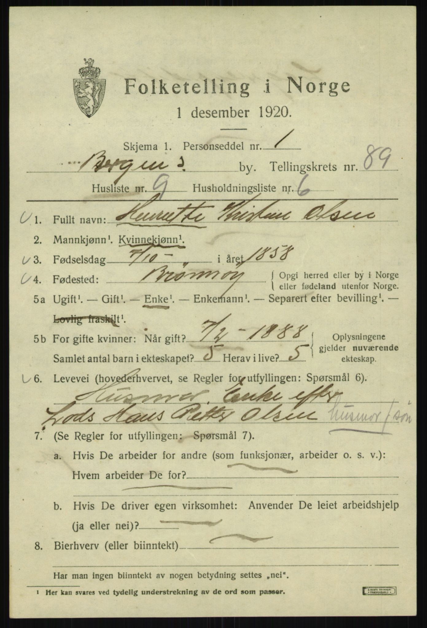 SAB, 1920 census for Bergen, 1920, p. 162233