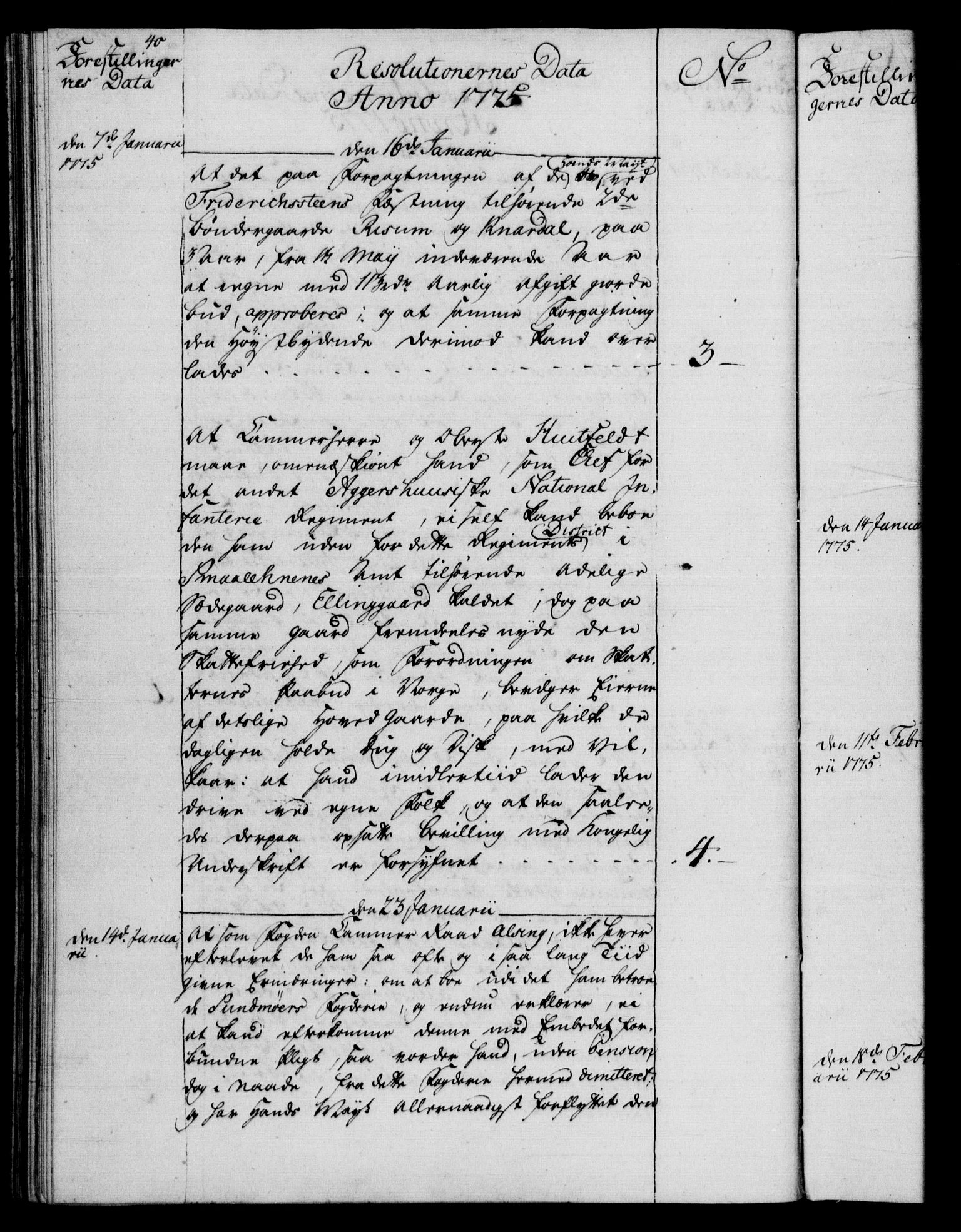 Rentekammeret, Kammerkanselliet, RA/EA-3111/G/Gf/Gfb/L0009: Register til norske relasjons- og resolusjonsprotokoller (merket RK 52.104), 1773-1780, p. 40
