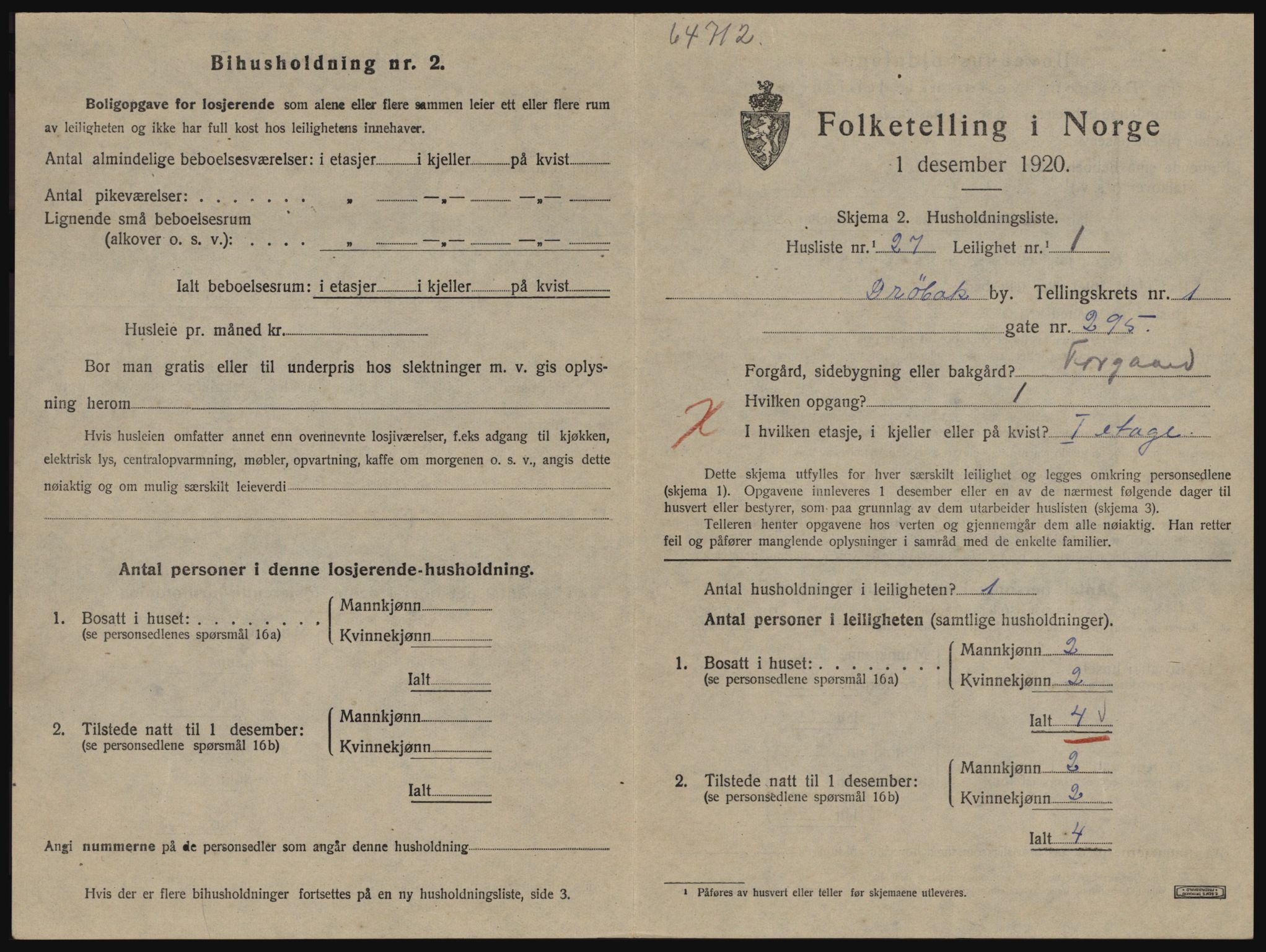 SAO, 1920 census for Drøbak, 1920, p. 827