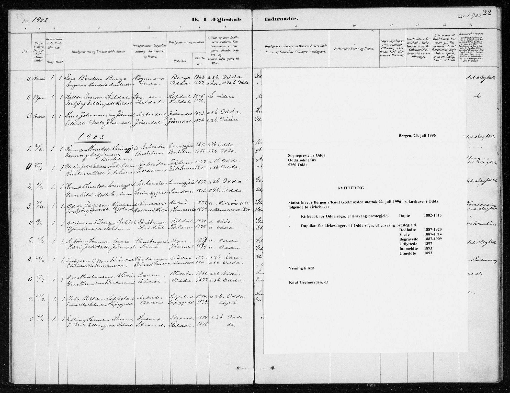 Odda Sokneprestembete, SAB/A-77201/H/Haa: Parish register (official) no. D 1, 1887-1914, p. 22