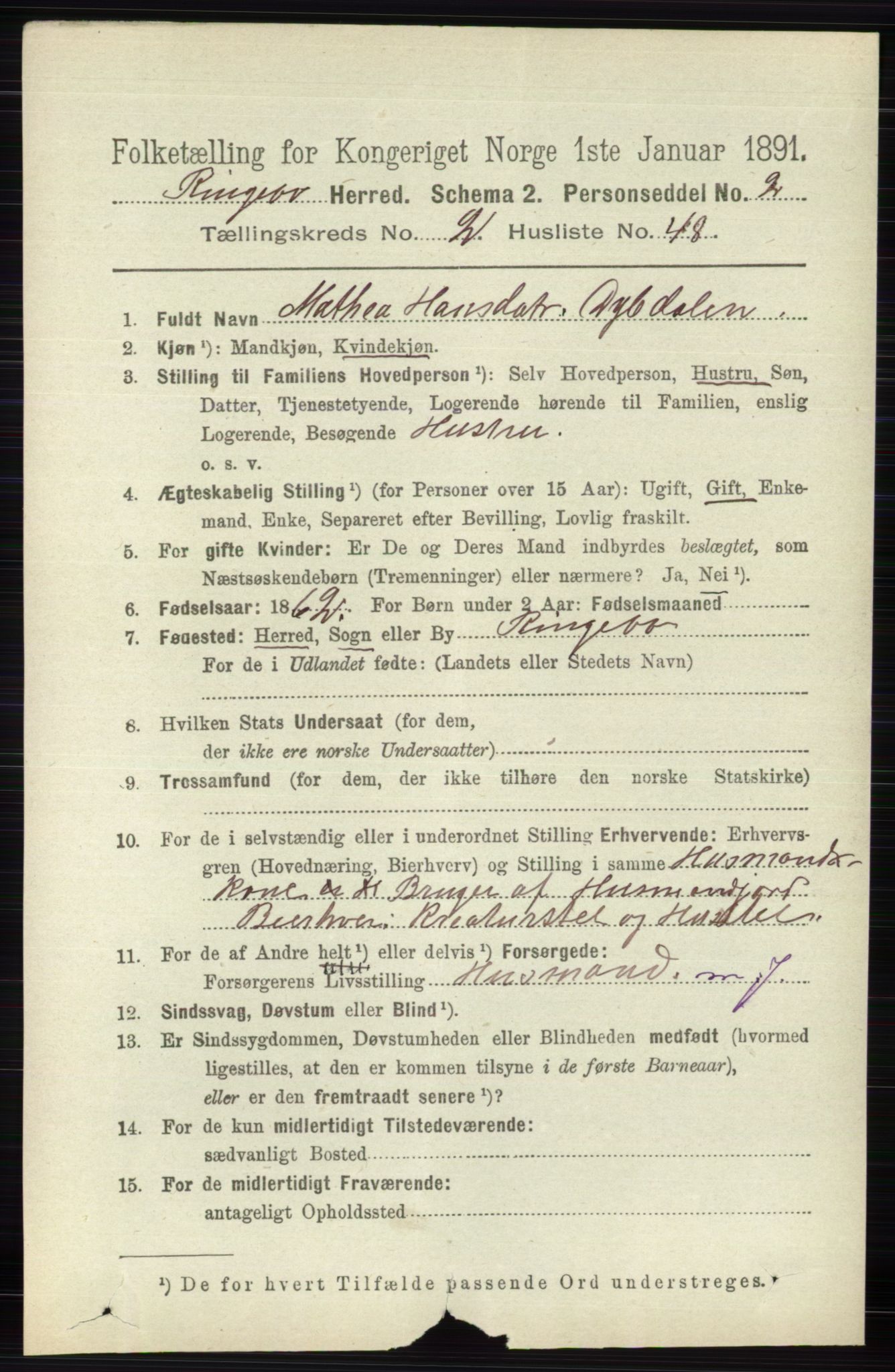 RA, 1891 census for 0520 Ringebu, 1891, p. 614