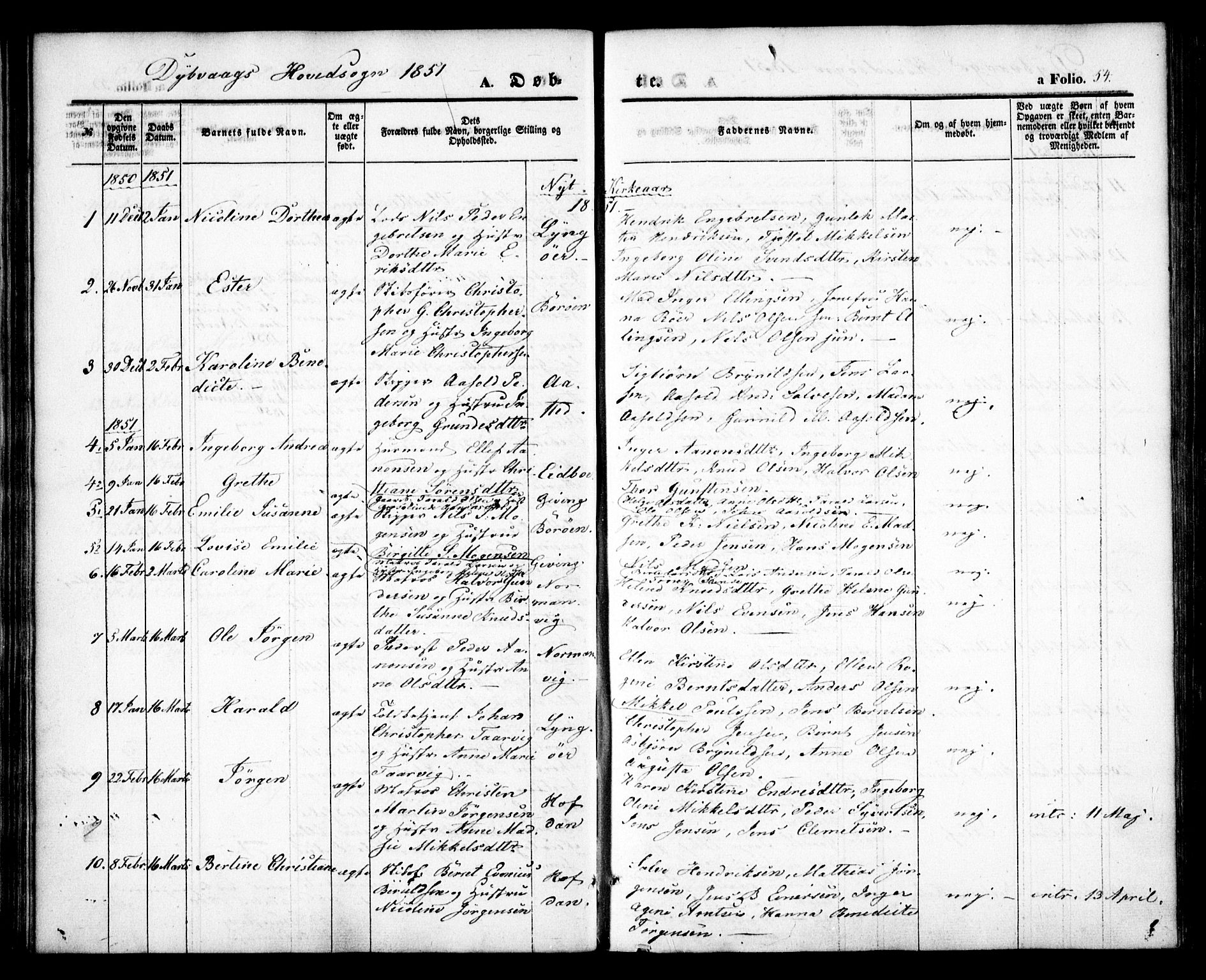 Dypvåg sokneprestkontor, AV/SAK-1111-0007/F/Fa/Faa/L0005: Parish register (official) no. A 5, 1841-1854, p. 54