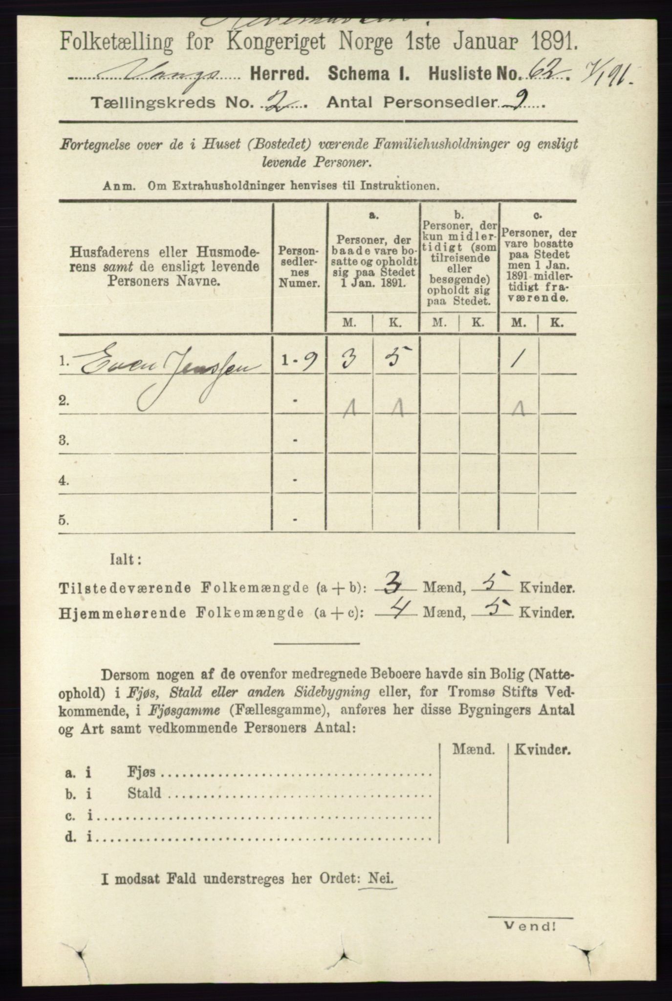 RA, 1891 census for 0414 Vang, 1891, p. 992