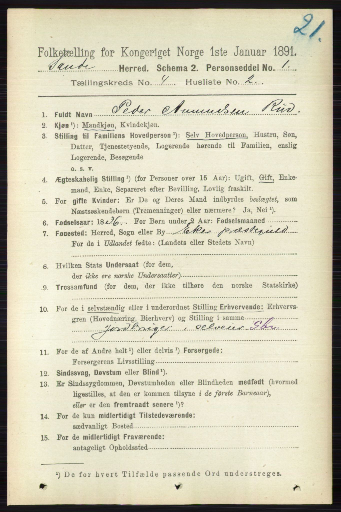 RA, 1891 census for 0713 Sande, 1891, p. 1488