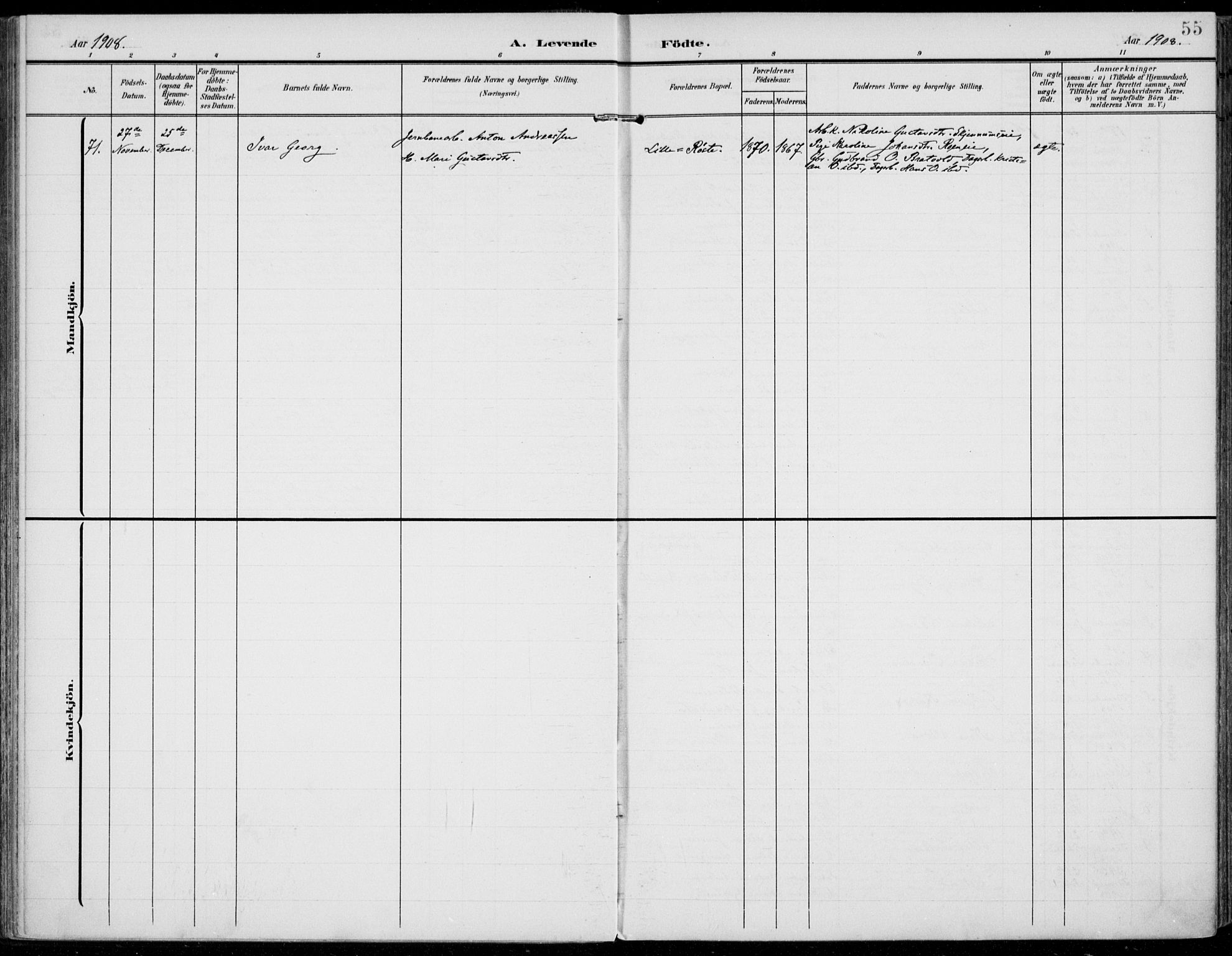 Jevnaker prestekontor, SAH/PREST-116/H/Ha/Haa/L0011: Parish register (official) no. 11, 1902-1913, p. 55