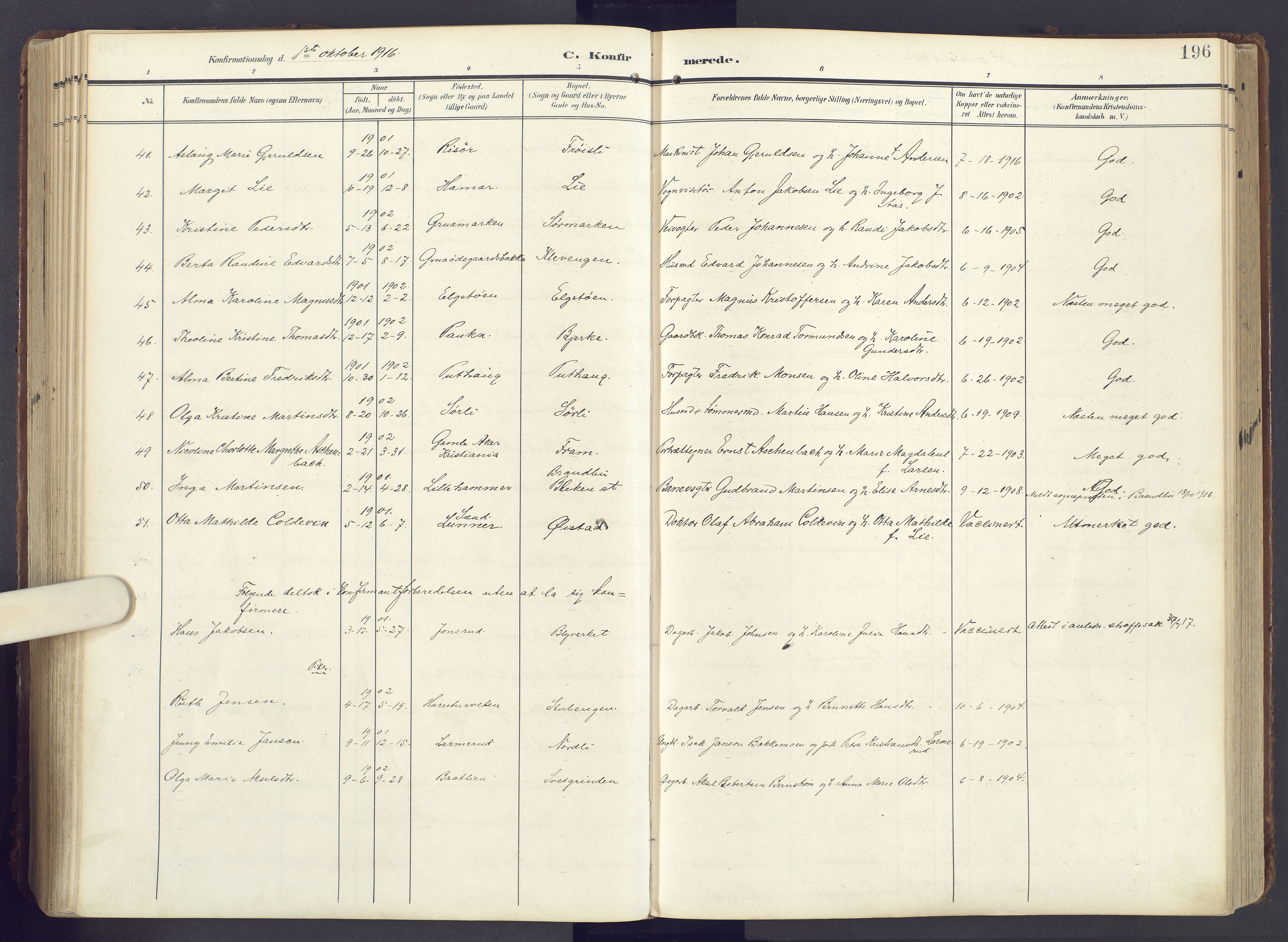 Lunner prestekontor, SAH/PREST-118/H/Ha/Haa/L0001: Parish register (official) no. 1, 1907-1922, p. 196