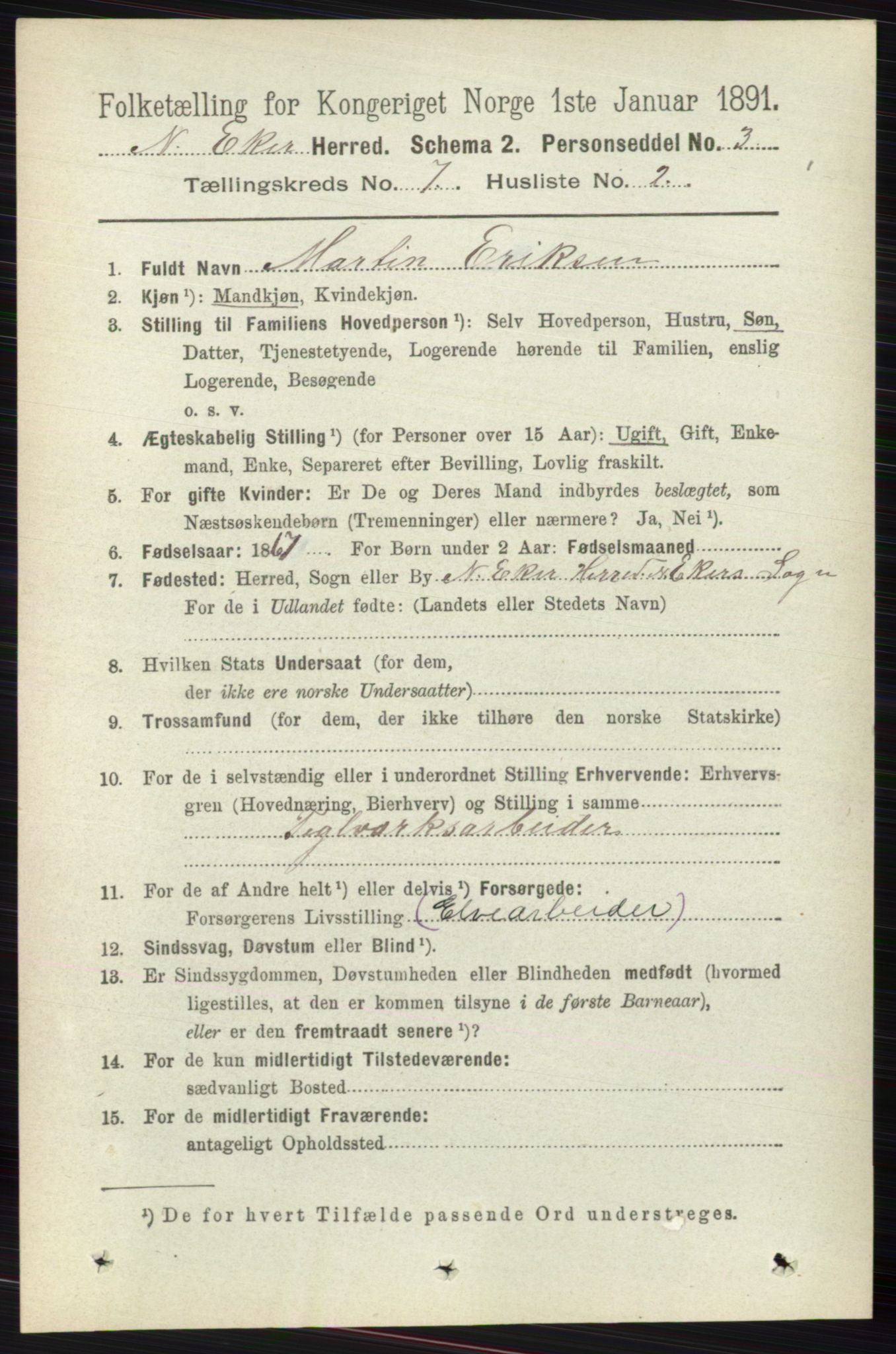 RA, 1891 census for 0625 Nedre Eiker, 1891, p. 3411