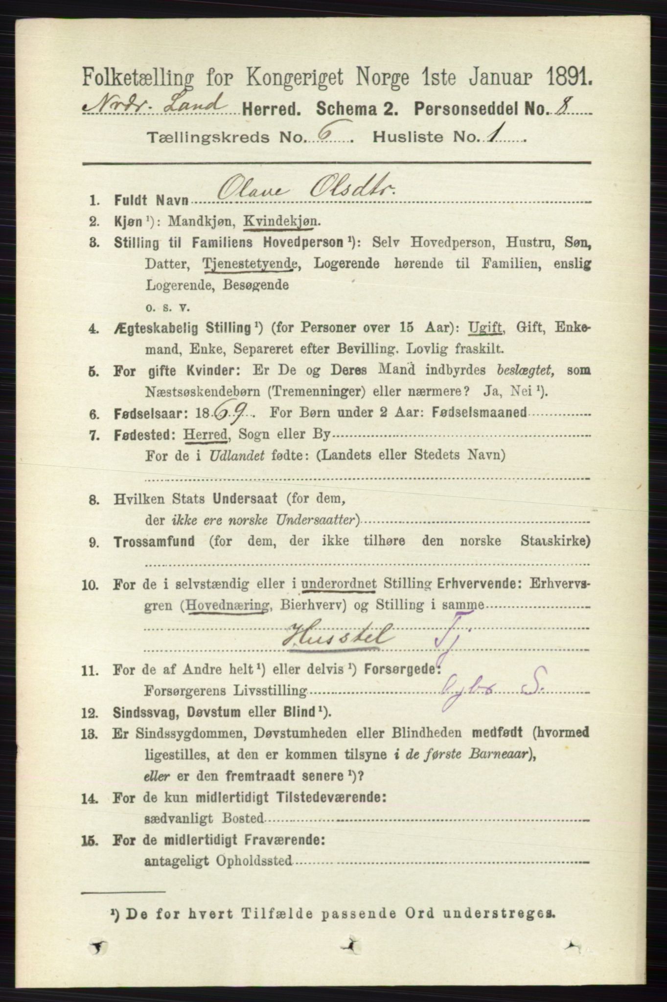 RA, 1891 census for 0538 Nordre Land, 1891, p. 1788