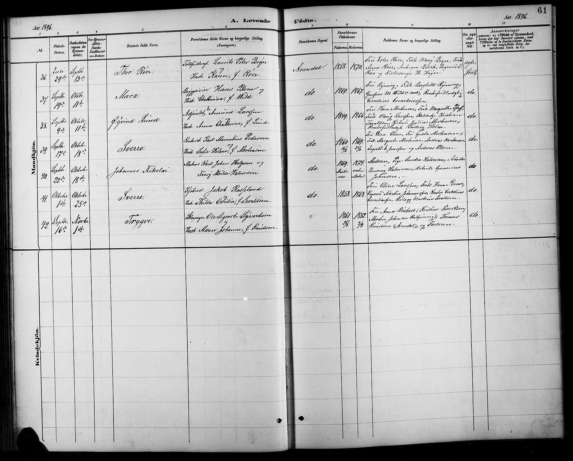 Arendal sokneprestkontor, Trefoldighet, SAK/1111-0040/F/Fb/L0006: Parish register (copy) no. B 6, 1889-1916, p. 61