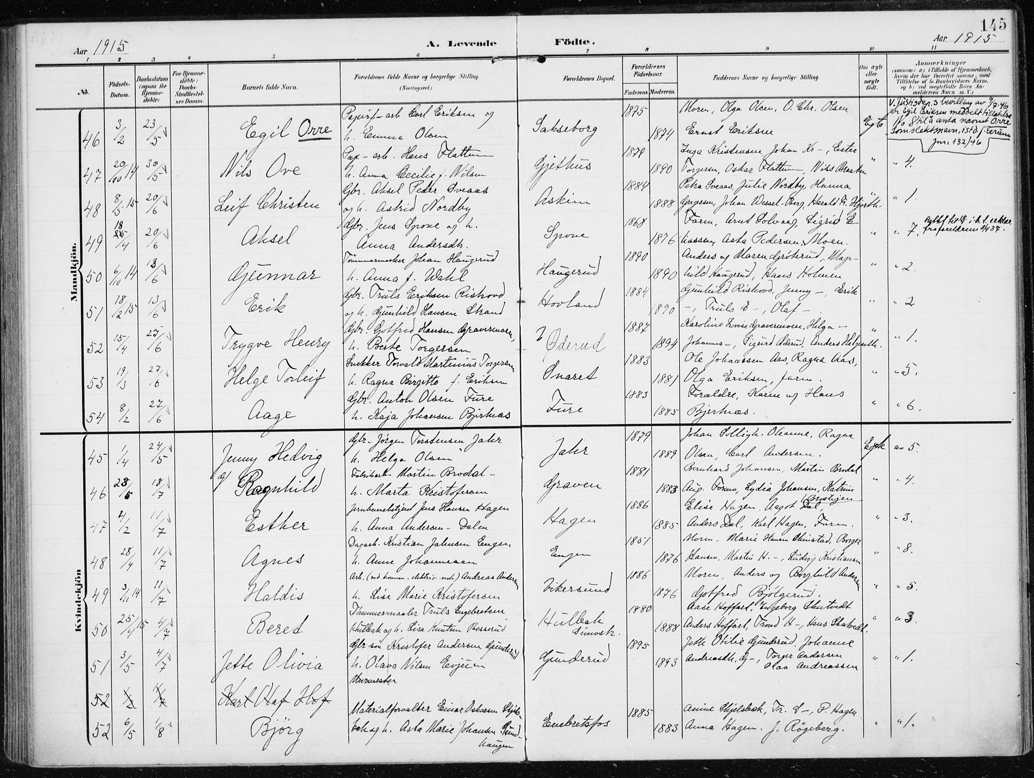 Modum kirkebøker, AV/SAKO-A-234/F/Fa/L0014a: Parish register (official) no. 14A, 1906-1918, p. 145