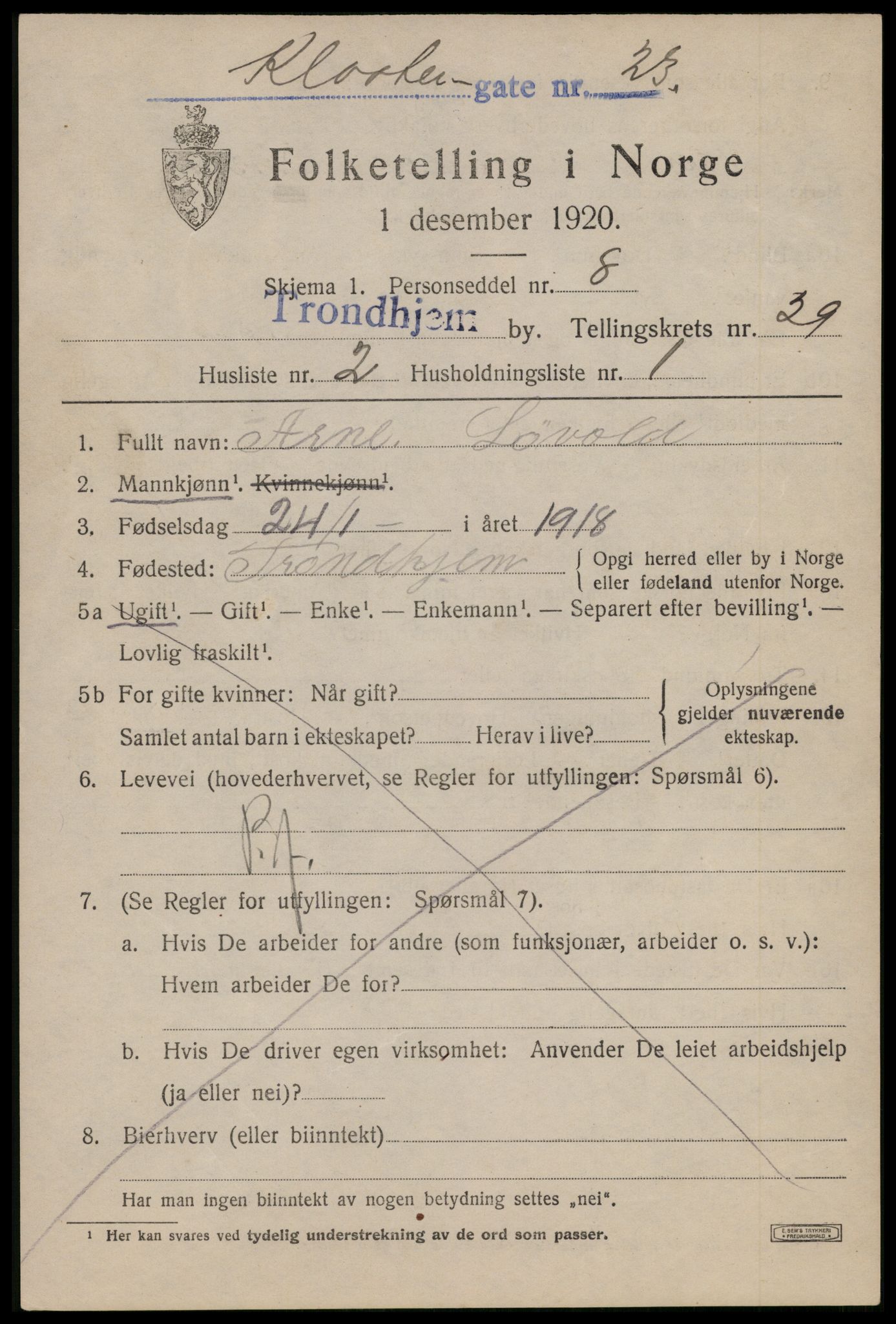 SAT, 1920 census for Trondheim, 1920, p. 72162