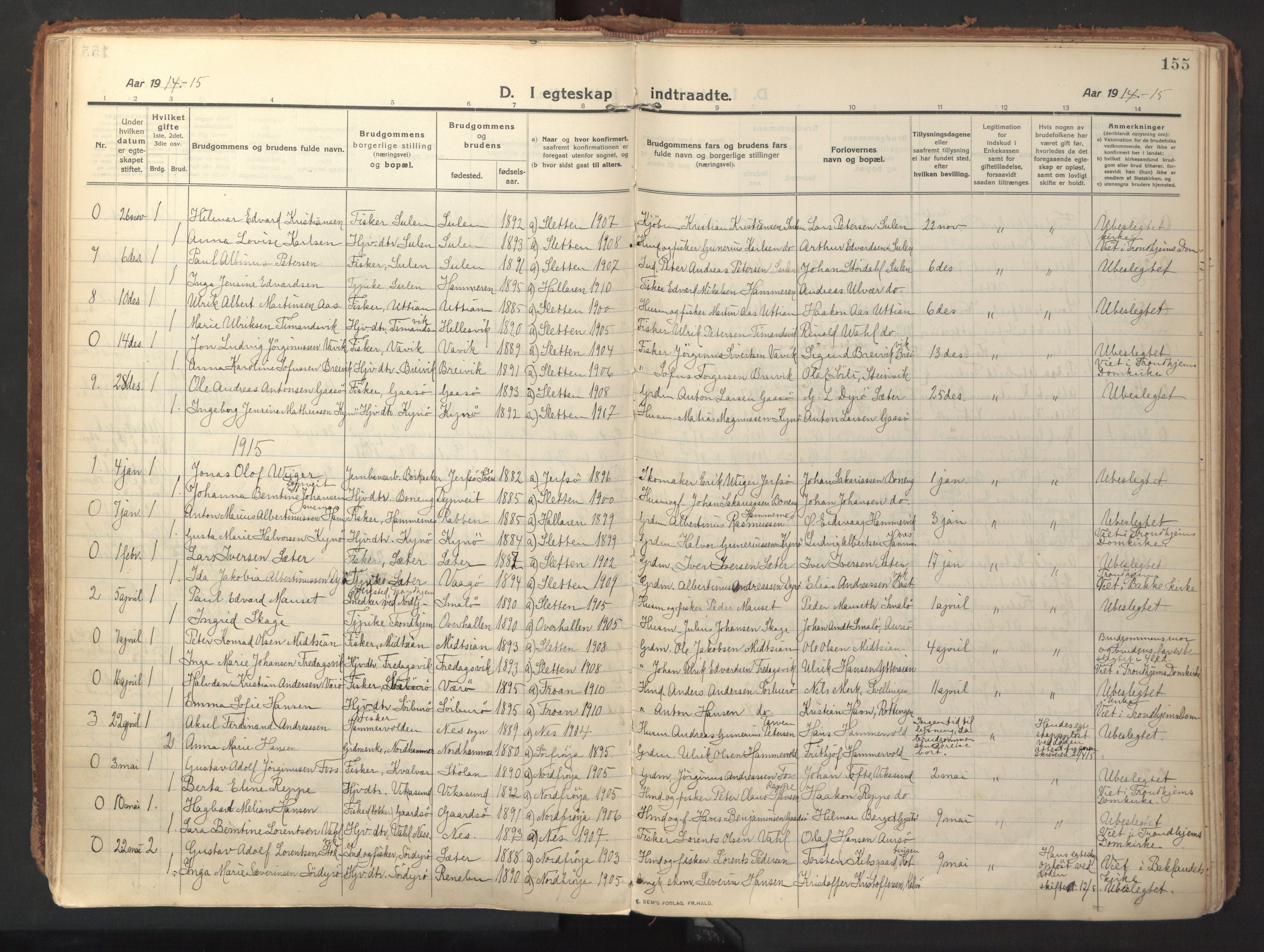 Ministerialprotokoller, klokkerbøker og fødselsregistre - Sør-Trøndelag, SAT/A-1456/640/L0581: Parish register (official) no. 640A06, 1910-1924, p. 155