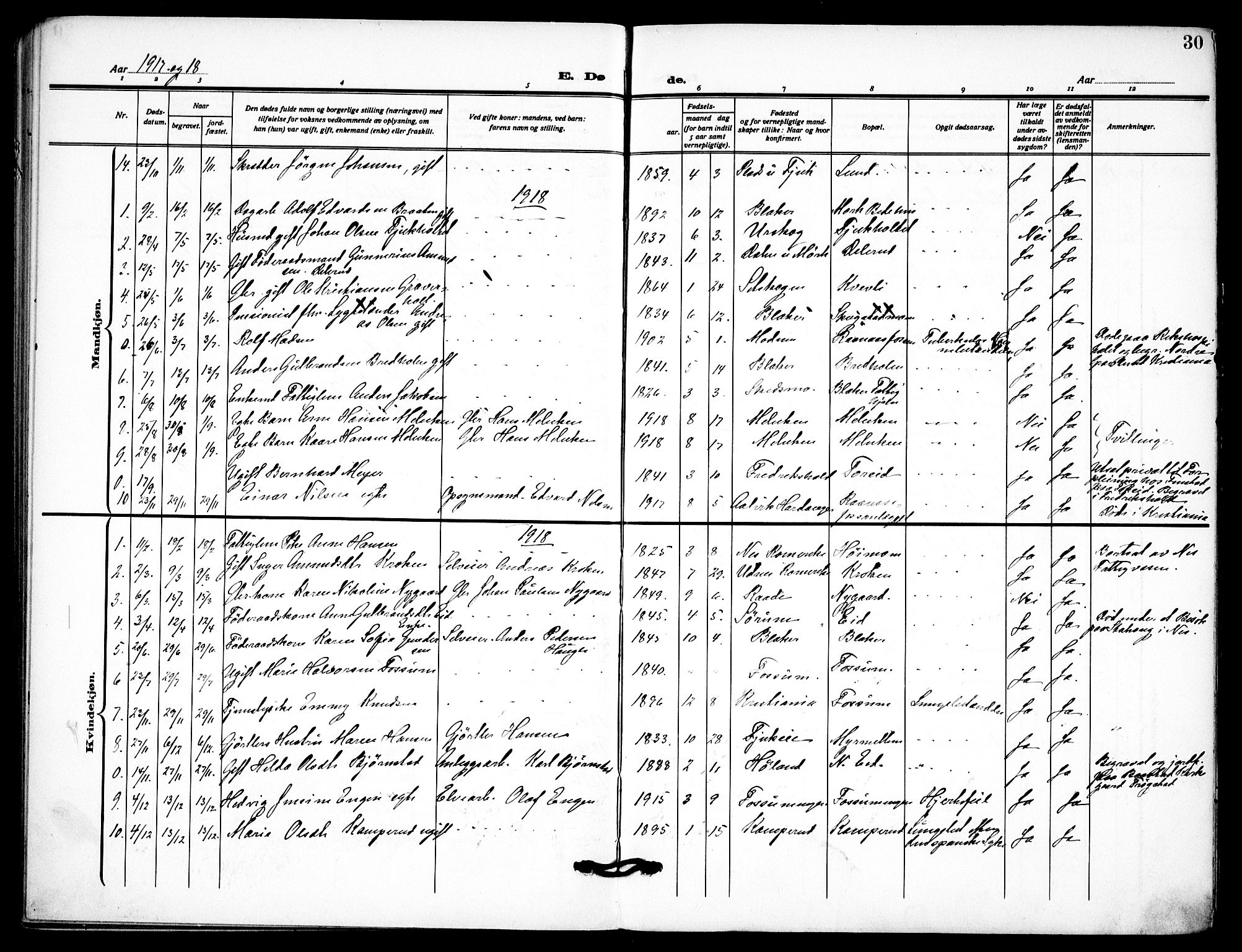 Aurskog prestekontor Kirkebøker, AV/SAO-A-10304a/F/Fb/L0003: Parish register (official) no. II 3, 1909-1919, p. 30