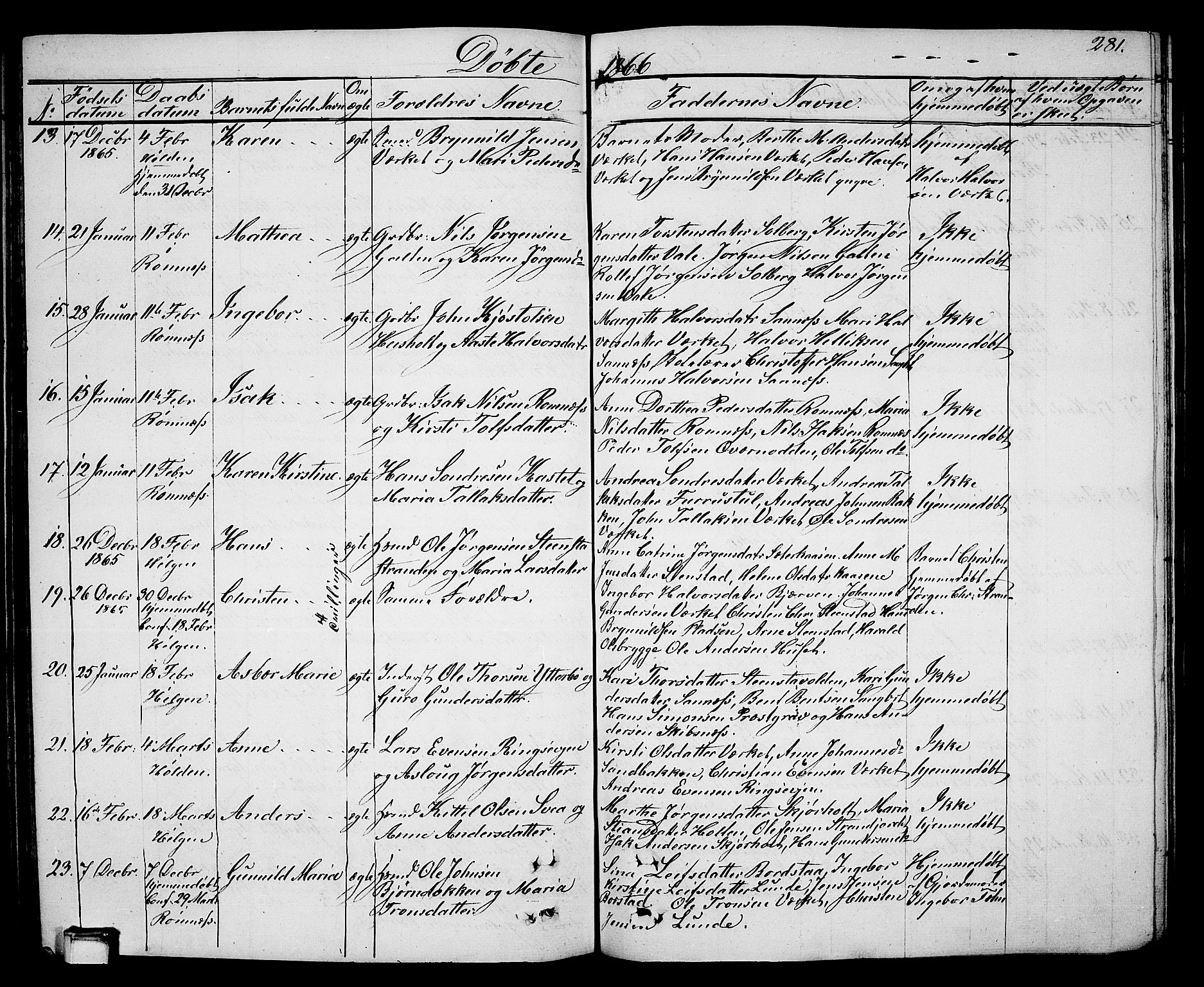 Holla kirkebøker, SAKO/A-272/G/Ga/L0003: Parish register (copy) no. I 3, 1849-1866, p. 281