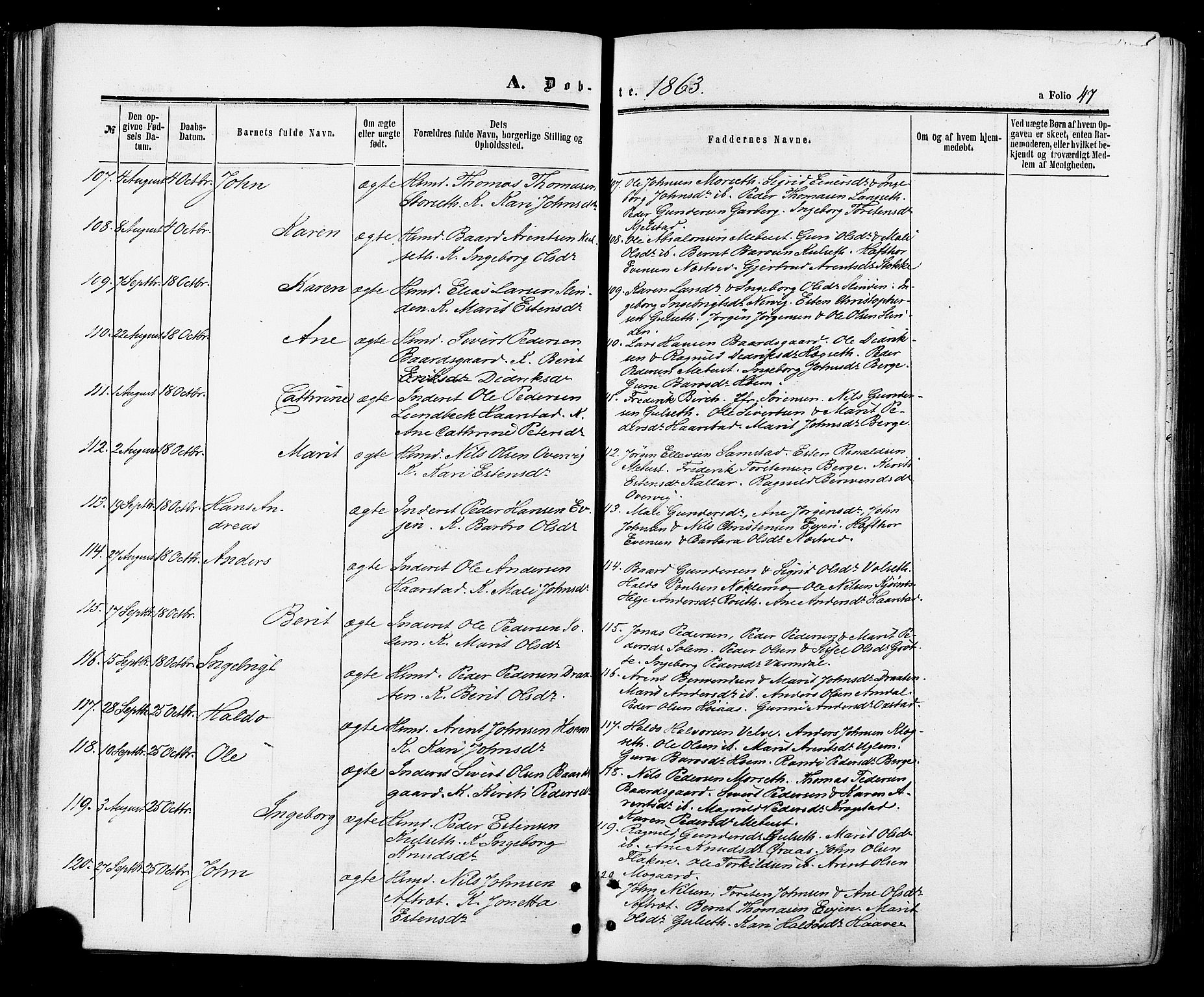 Ministerialprotokoller, klokkerbøker og fødselsregistre - Sør-Trøndelag, AV/SAT-A-1456/695/L1147: Parish register (official) no. 695A07, 1860-1877, p. 47