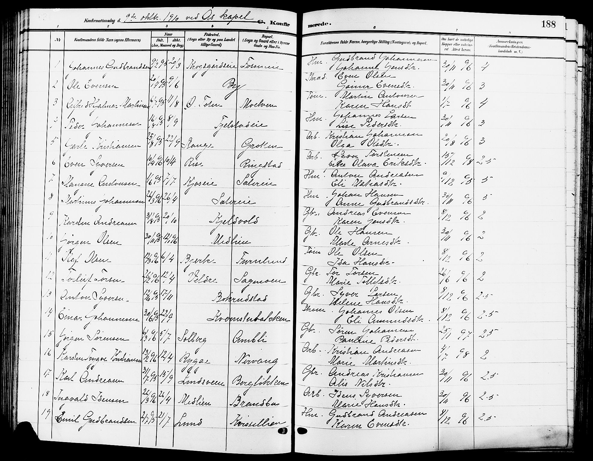 Ringsaker prestekontor, AV/SAH-PREST-014/L/La/L0015: Parish register (copy) no. 15, 1903-1912, p. 188