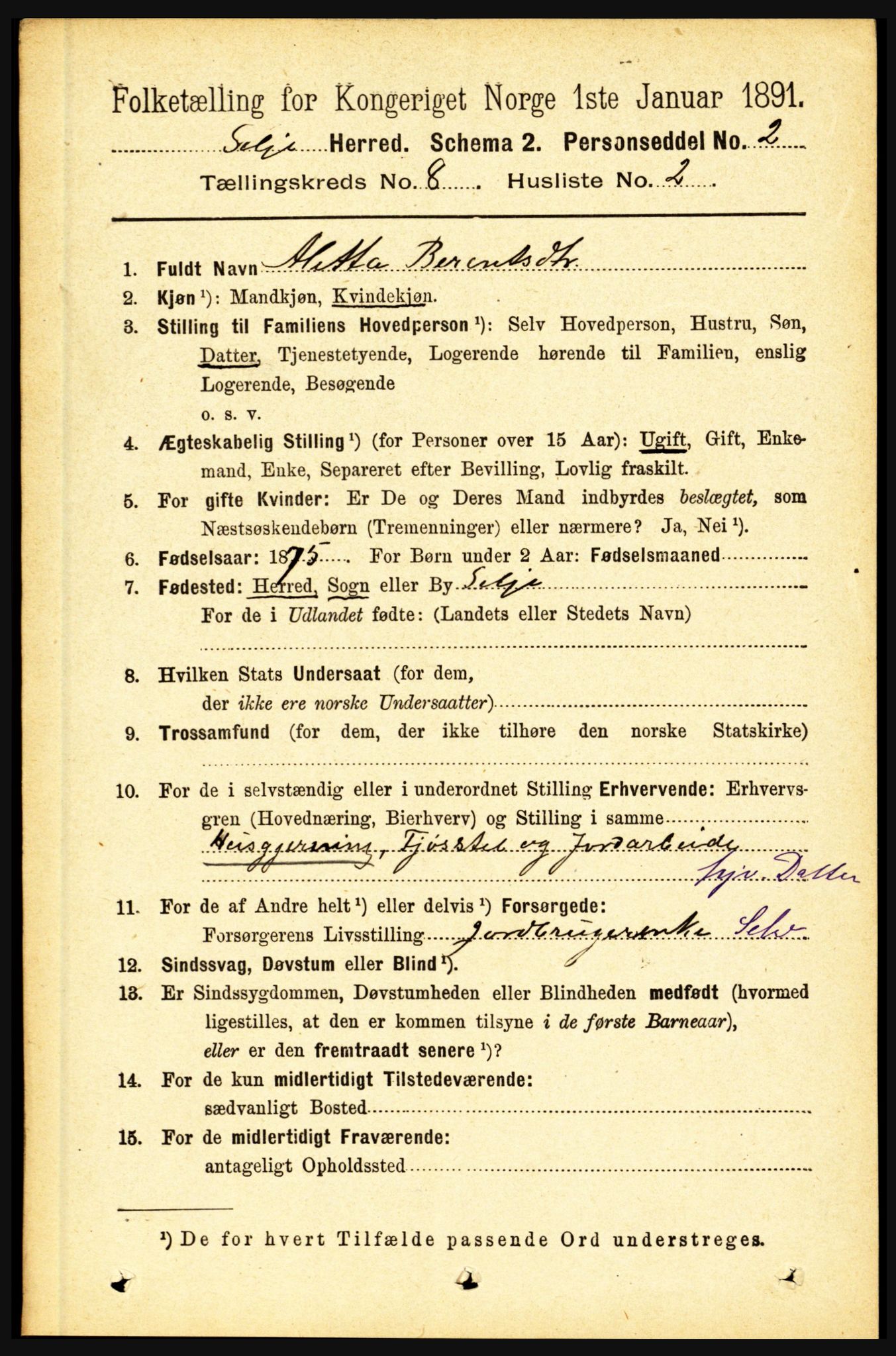 RA, 1891 census for 1441 Selje, 1891, p. 2377