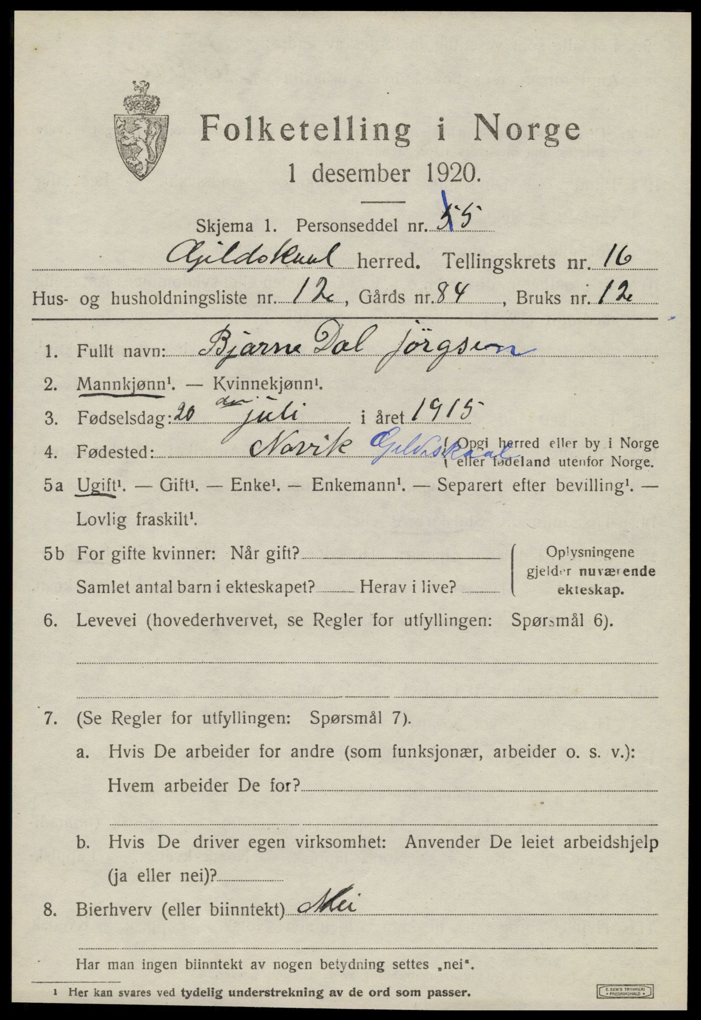 SAT, 1920 census for Gildeskål, 1920, p. 10286