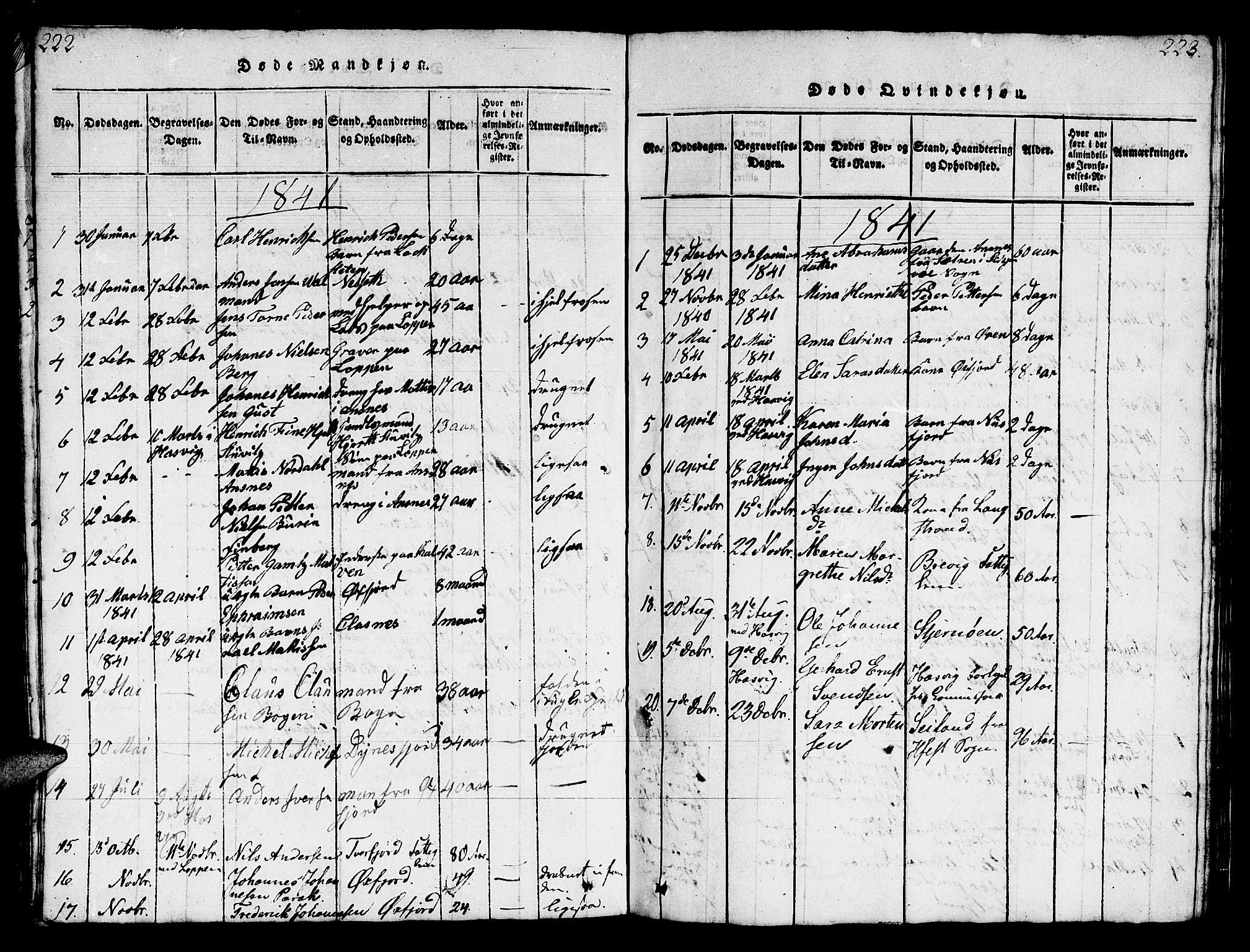 Loppa sokneprestkontor, SATØ/S-1339/H/Hb/L0001klokker: Parish register (copy) no. 1, 1820-1849, p. 222-223