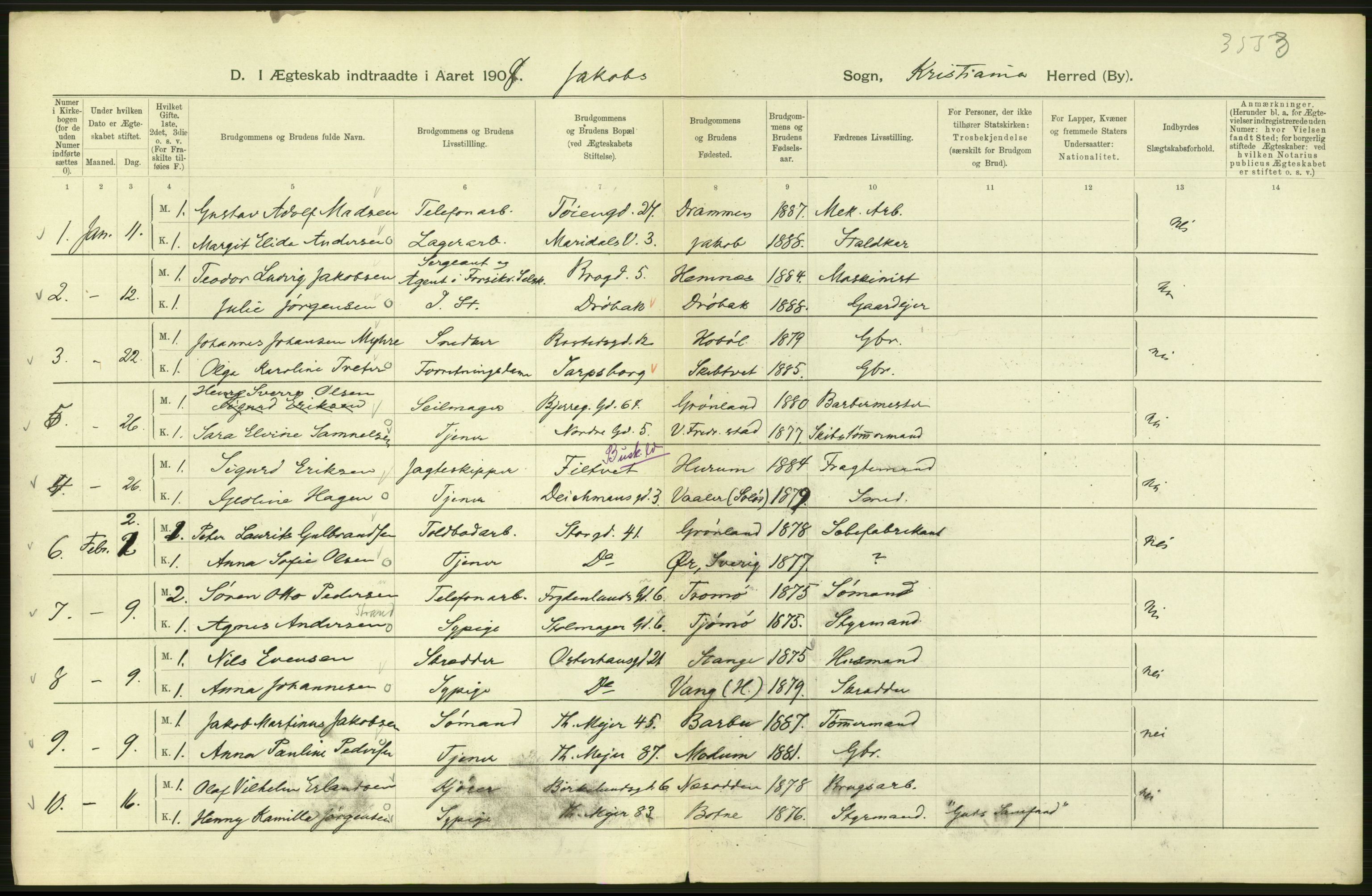 Statistisk sentralbyrå, Sosiodemografiske emner, Befolkning, AV/RA-S-2228/D/Df/Dfa/Dfaf/L0007: Kristiania: Gifte, 1908, p. 544